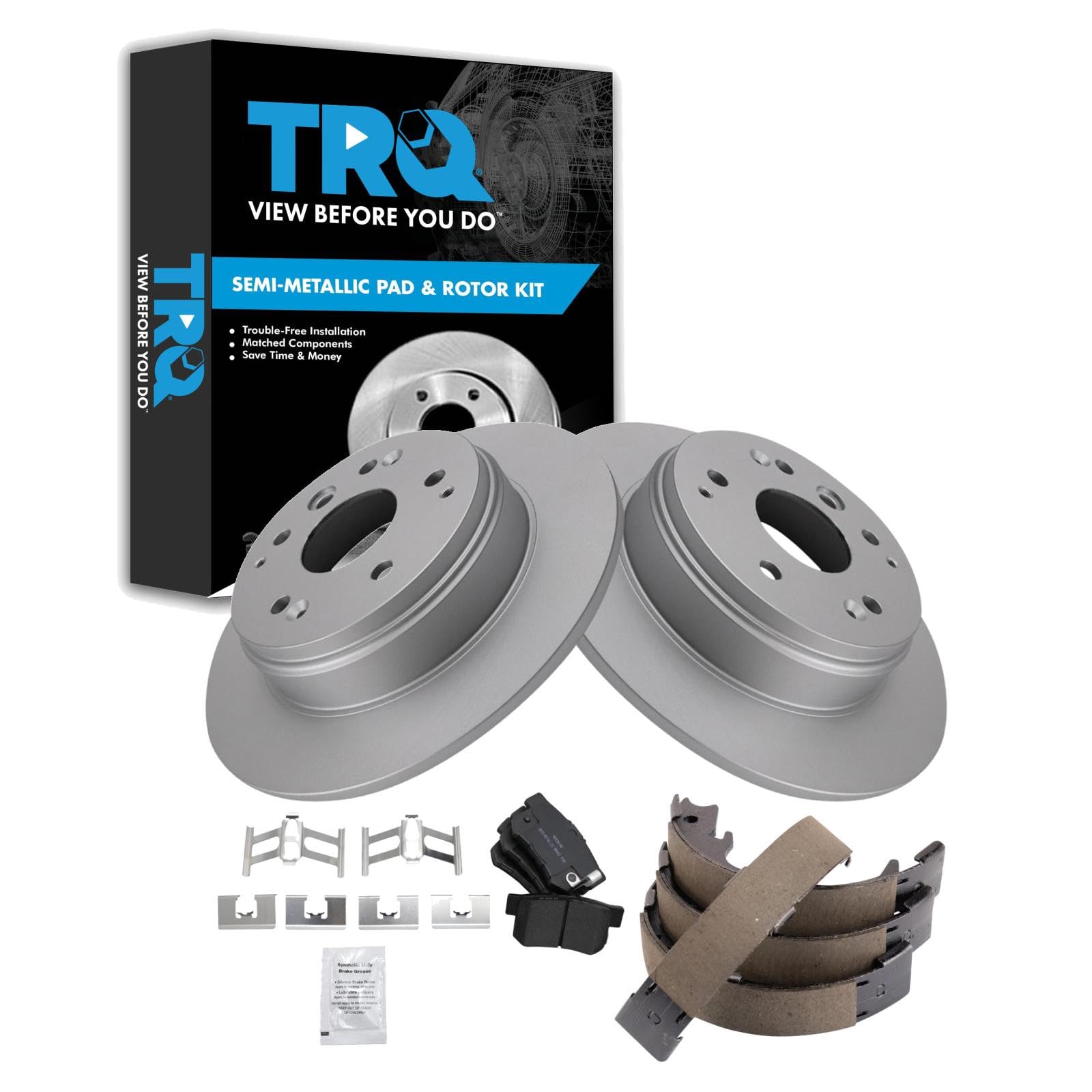 TRQ Rear Brake Pad and Rotor Set Semi Metallic G Coated Rotors Parking Shoe Compatible with 2004-2008 Acura TL 2003-2011 Honda Element
