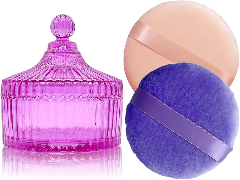YILUSHENGHUA Conjunto com 2 puffs grandes para pó bege e roxo e recipiente de vidro rosa