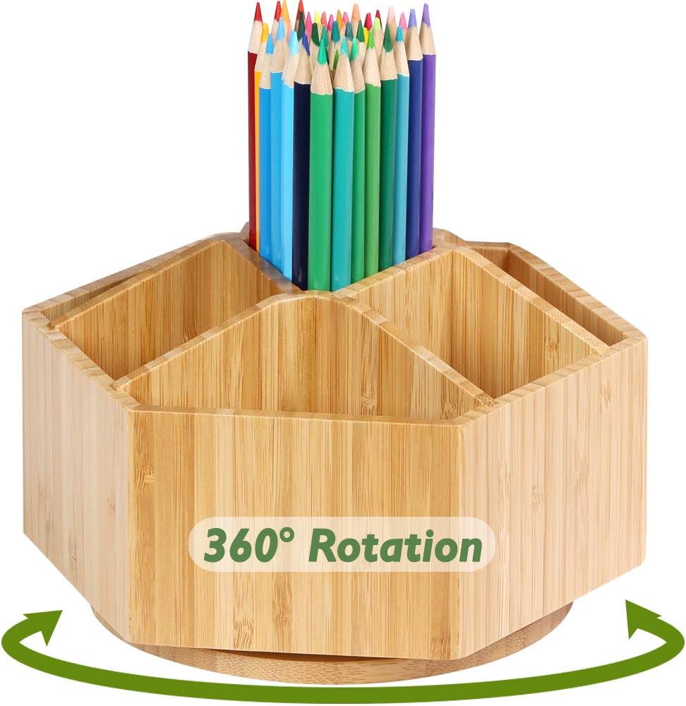 Bamboo Rotating Art Supply Organizer, 7 Sections, Hold 350+ Pencils, School Supplies Organizer for Pen, Colored Pencil, Art Brushes, Desktop Storage Box in Classroom & Art Studio : Office Products