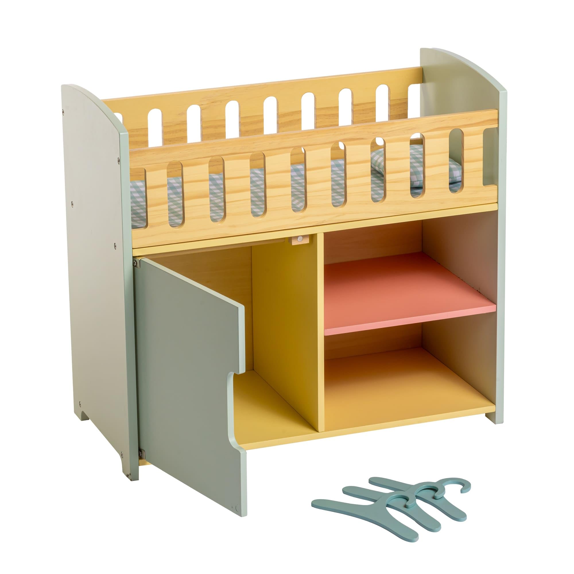 JC Toys- Cuna de Madera con Armario, para muñecas de hasta 45 cm, Ideal para Jugar, Incluye Cama Acolchada, Almohada y 3 Perchas, diseño Multicolor, Colores Pastel, + 3 años