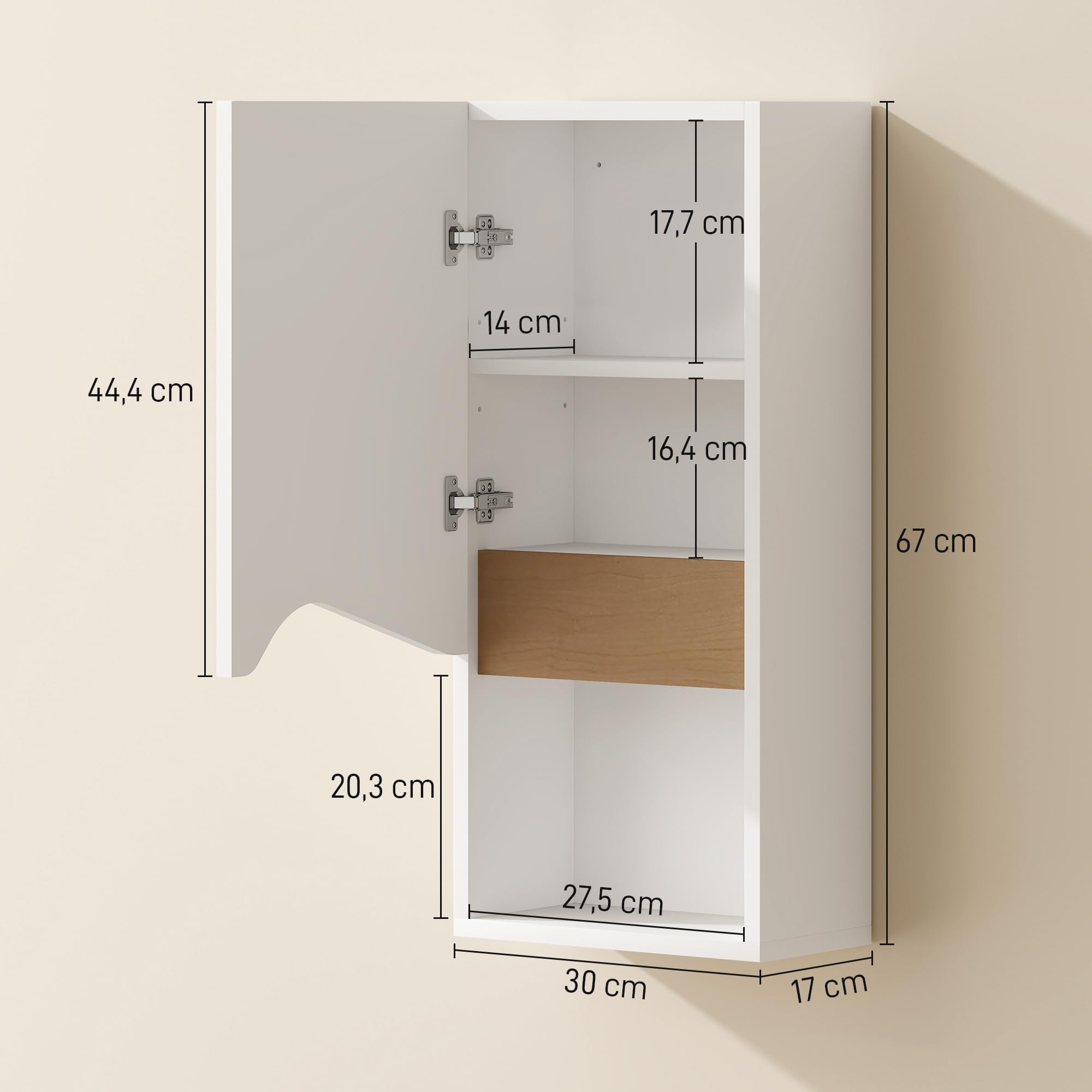 HOMCOM Badezimmerschrank Wandschrank Hängeschrank Badschrank mit Soft-Close-Tür, verstellbaren Ablagen und offenem Fach für Wohnzimmer Schlafzimmer 30 x 17 x 67 cm Weiß