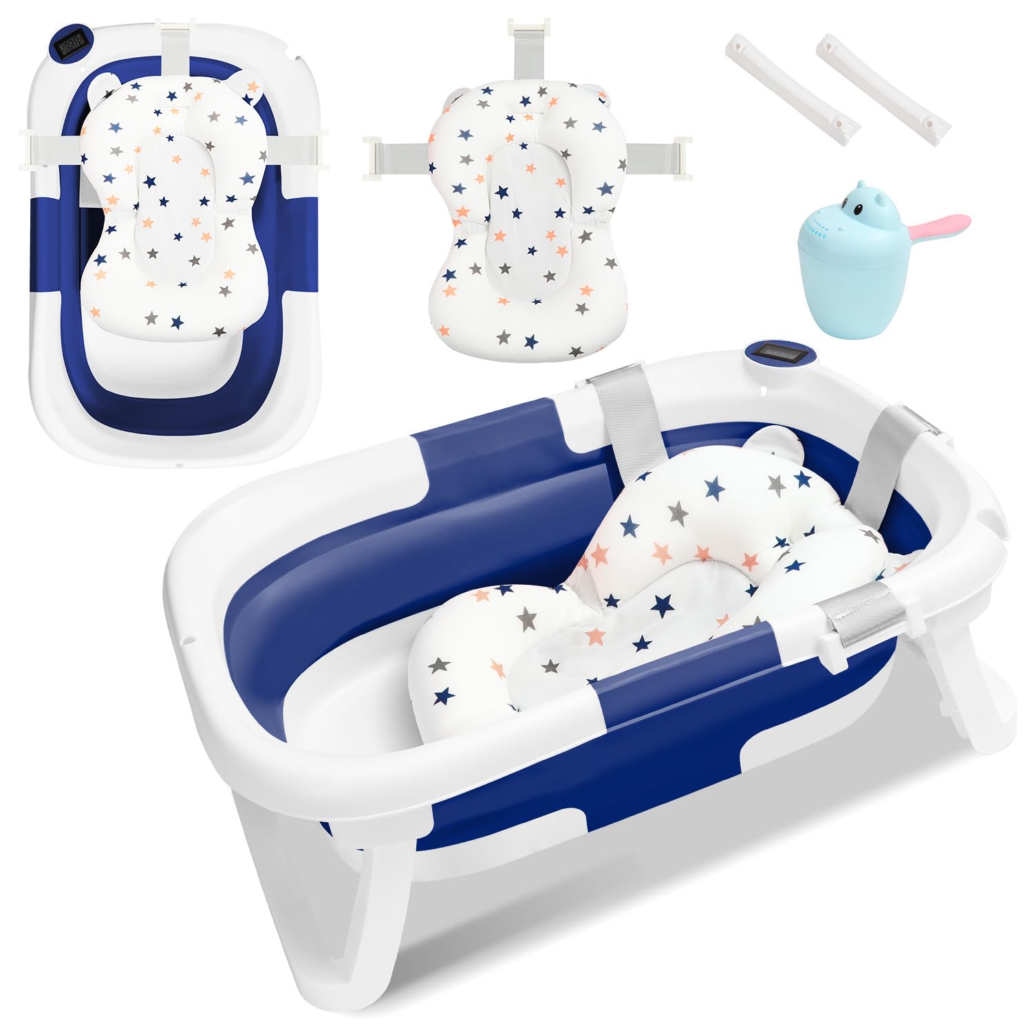 Bañera plegable para bebé, bañera para bebés con termómetro y alfombrilla de baño, bañera plegable con vaso para lavar el pelo del bebé y alfombrilla antideslizante, para recién nacidos, color