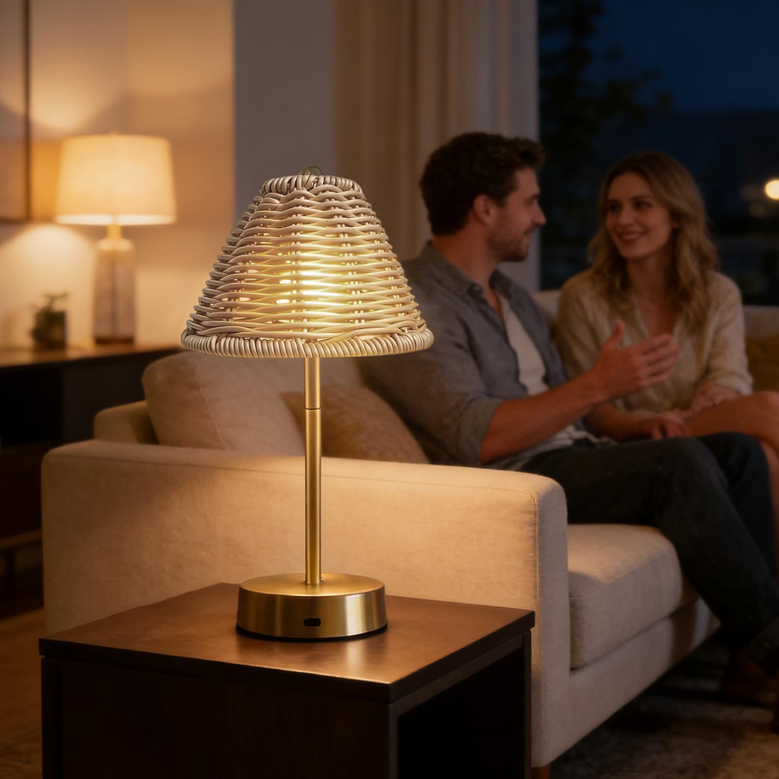 Lampada da Tavolo in Rattan 3 Livelli Luce Vintage Portatile a Ricarica USB
