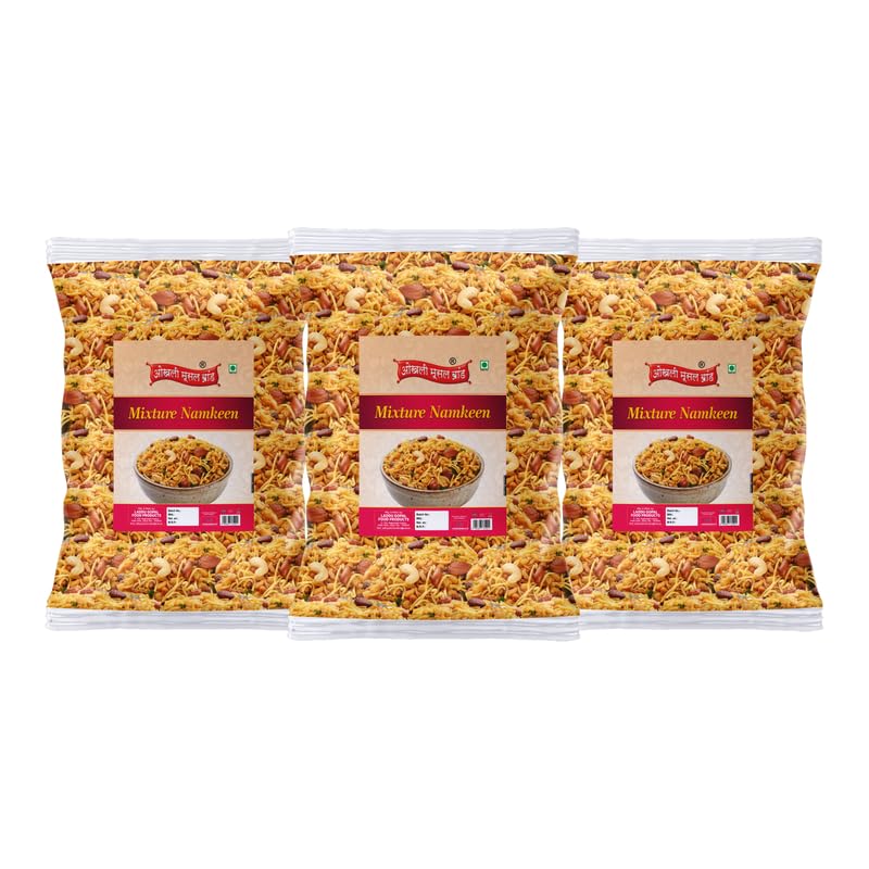 Image of OKHLI MUSAL BRAND Ready to eat Mixture Namkeen, Homemade and Lite Spicy Namkeen, Namkeen And Snacks | Mix Farsan Besan Sev, Peanuts, Boondi-Misal Pav Farsan | Made In Groundnut Peanut Oil-1Kg*3Pack