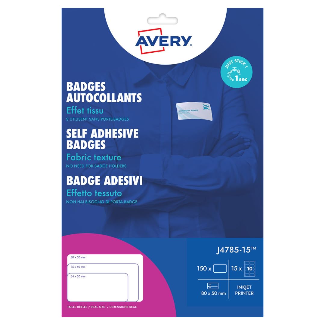 Avery Italia J4785-15 - Badge identificativi adesivi, 15 fogli A4, rettangolari 80x50mm, 10 badge per foglio, rimovibili, per stampanti inkjet