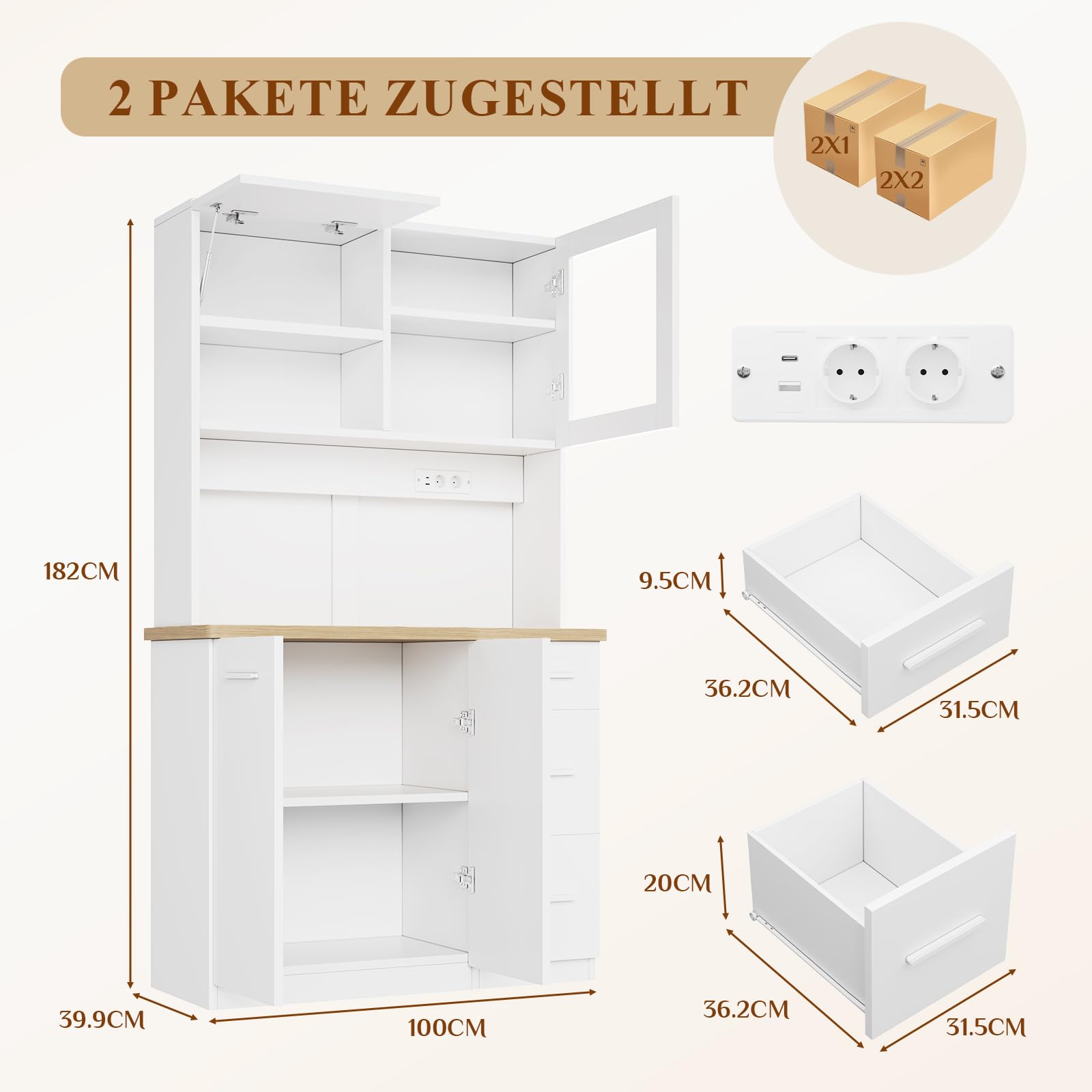 Devoko Armario Alto de Cocina con Luces LED y Enchufe, Mueble de Almacenamiento con 3 Cajones, Vitrina y Compartimentos Abiertos, Estantes Ajustables para Comedor,100x40x182cm (Blanco)