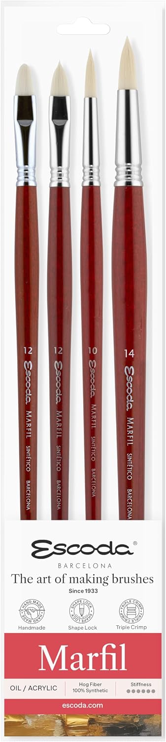 Escoda | Oil and Acrylic | Versàtil Series Set for Oil and Acrylic | size 6,8,10,12 | 4 brushes | synthetic Kolinsky | round pointed + filbert + bright + bright long length
