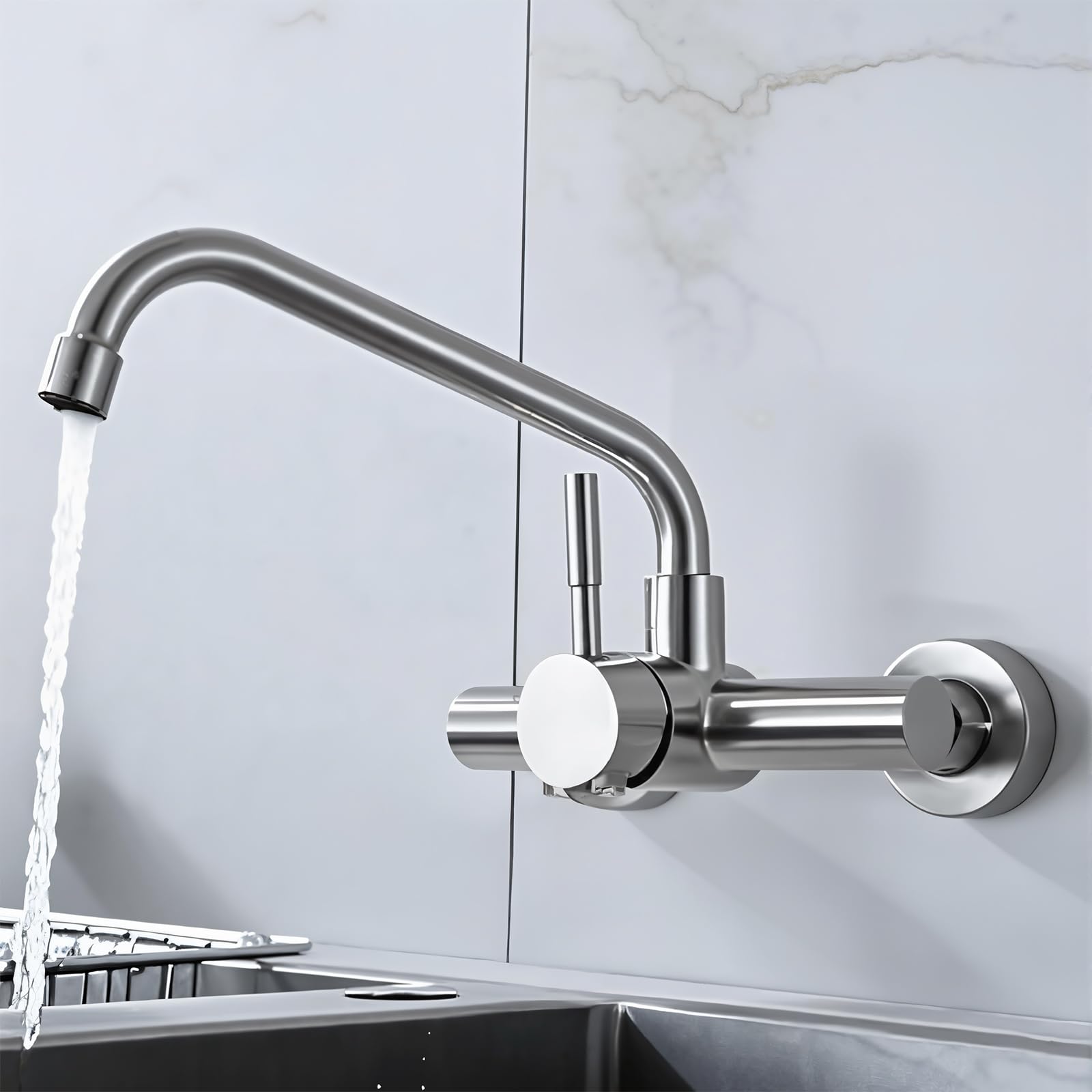 Grifo Cocina de Pared, Grifería de Fregadero Giratorio a 360​°, Grifo de Acero Inoxidable 304 Agua Fría Y Caliente para Fregaderos, Lavabos