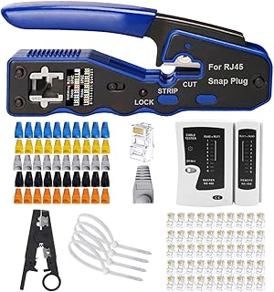 TAIWAIN RJ45 Crimp Ethernet Crimper Wire Stripper Cutter, Crimping Tool Cat5 Cat6 Cat7 Professional Network Cable Tester for RJ11 RJ12 LAN Repair Set, 50Pcs Connectors(Blue)