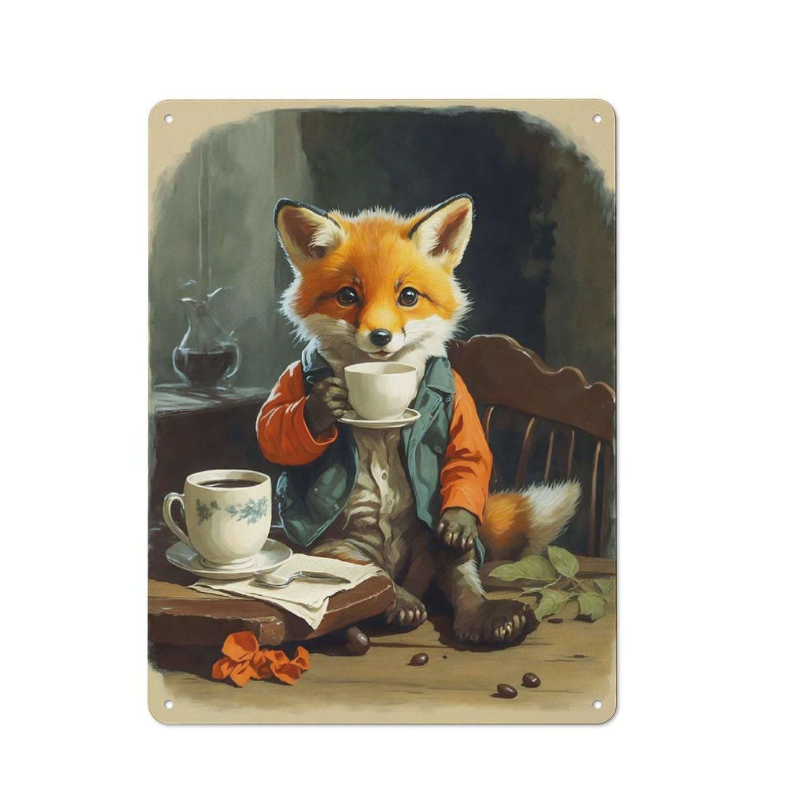 Vintage Fox Cub Coffe Metal Wall Sign 40x30cm, Nostalgic Classic Pub Decor for Pub, Home Bar, Shed Or Man Cave