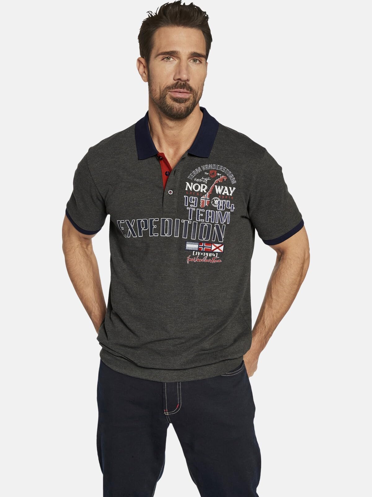 Jan Vanderstorm Herren Poloshirt Erling | kurzarm, Knopfleiste|großer Audruck | reine Baumwolle |große Größen L-7XL