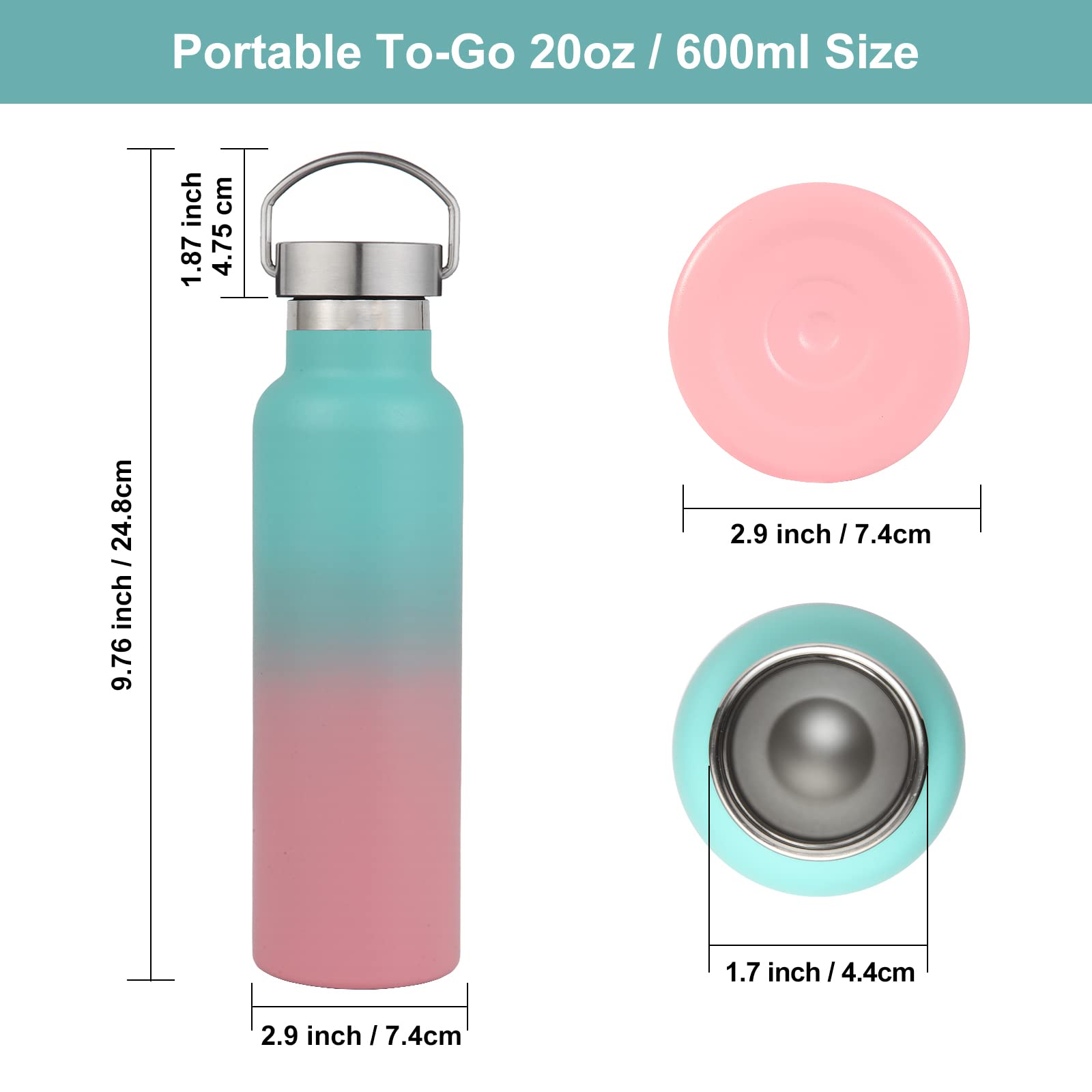 Neihepal Izolowane butelki na wodę 590 ml, 2 sztuki, butelka sportowa ze stali nierdzewnej z pokrywką uchwytu, metalowy termos wielokrotnego użytku do szkoły, rowerzystów, wędrowców, prezent (zielono-różowy, zestaw 2 szt.)