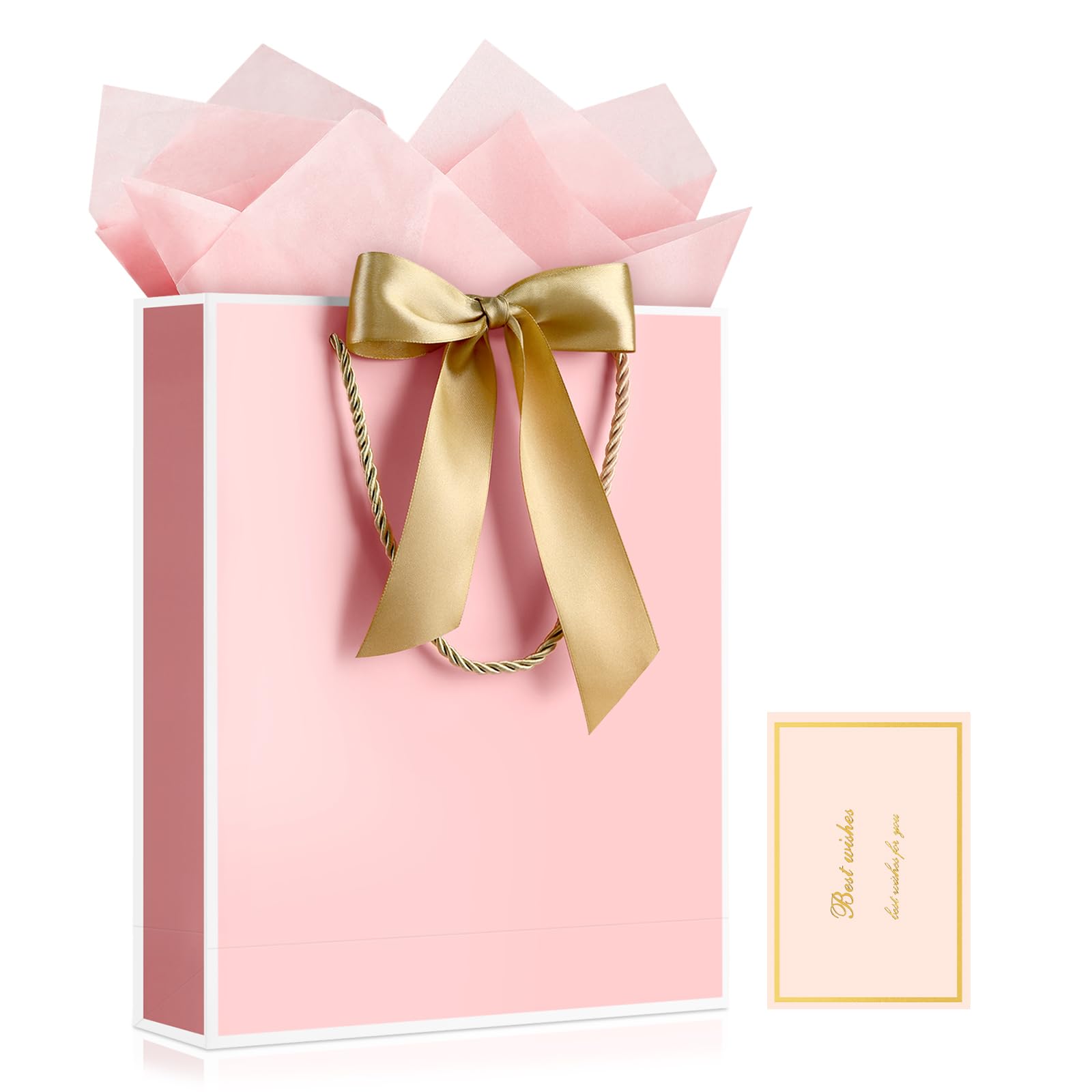 YoungTree Pink Gift Bags with Handles, 13" Medium Gift Bag with 2 Tissue Paper and 1 Card, Present Bag for Graduation Wedding Baby Shower Bridal Shower Birthday Party (Pink-White)