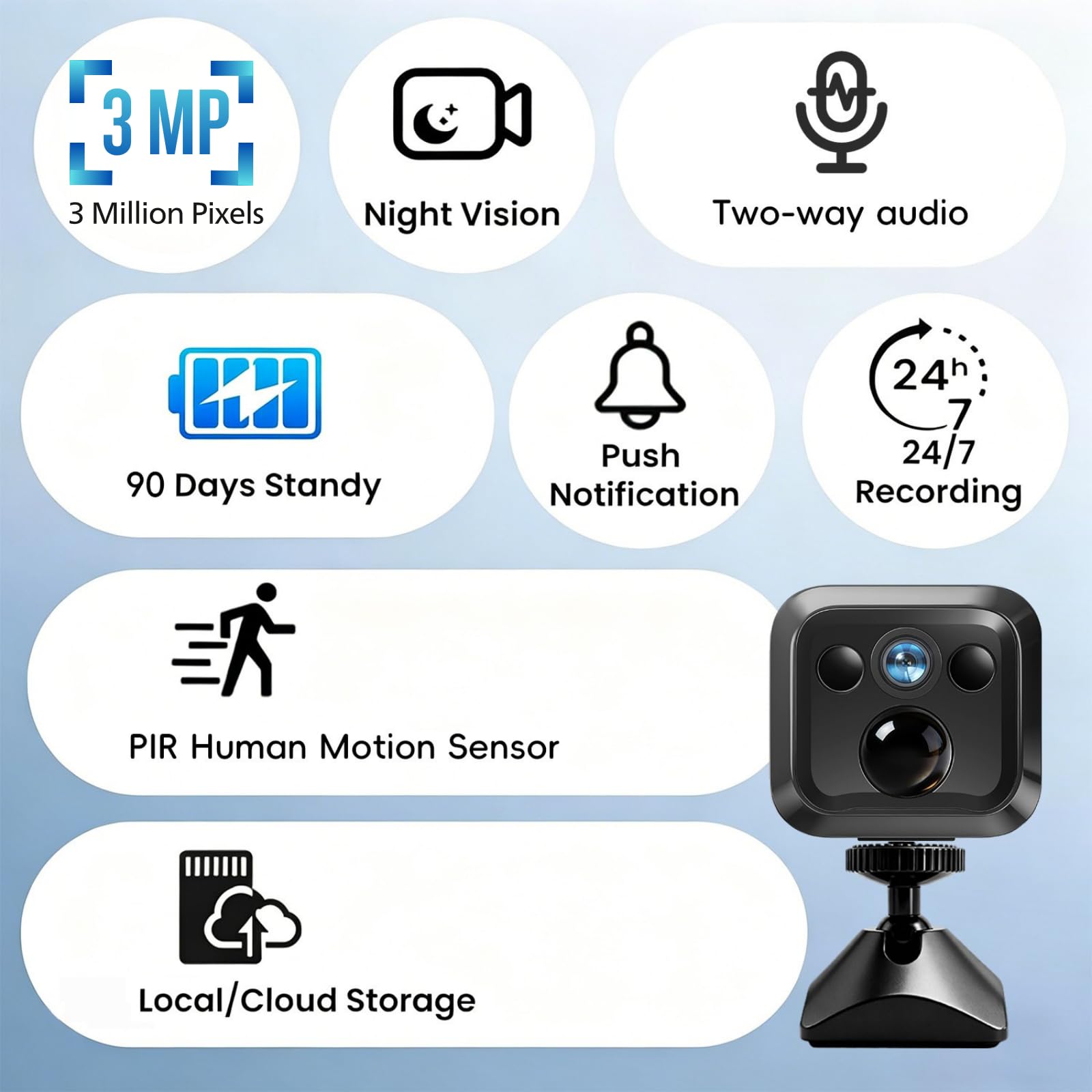 Mini telecamera con 90 giorni di standby, telecamera di sorveglianza wireless da 3 MP per la casa con rilevamento di movimento AI, visione notturna e Wi-Fi 2,4 GHz, per appartamento, monitoraggio dei