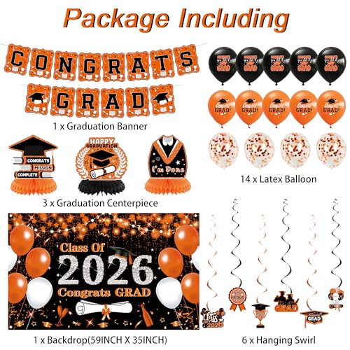 Image of DARUNAXY Orange Graduation Party Decorations, Black Orange Class of 2026 Graduation Banner, 2026 Congrats Grad Honeycomb Hanging Swirl Confetti Balloon Congratulations Graduates Party Supplies(25PC)