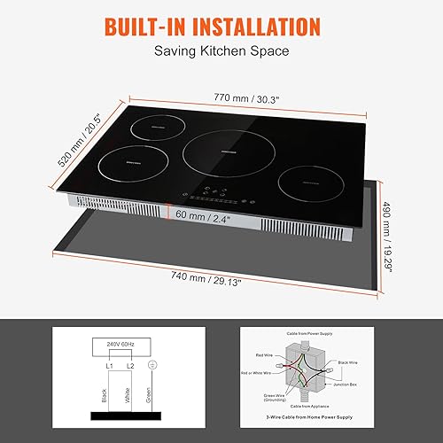 Miniatura 6 de VEVOR Placa eléctrica, 4 quemadores, estufa de inducción de 30 pulgadas, estufa magnética integrada de 7500 W, quemador multifuncional de 9 niveles
