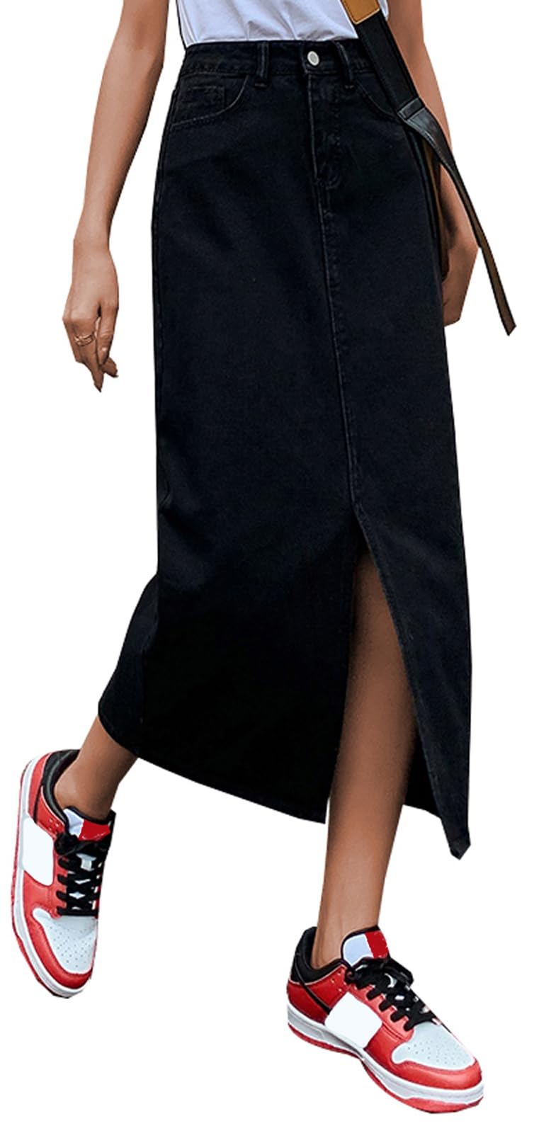 Womens Casual Slit Denim Midi Jean Skirt Stretch High Waist Frayed Button Up with Pockets
