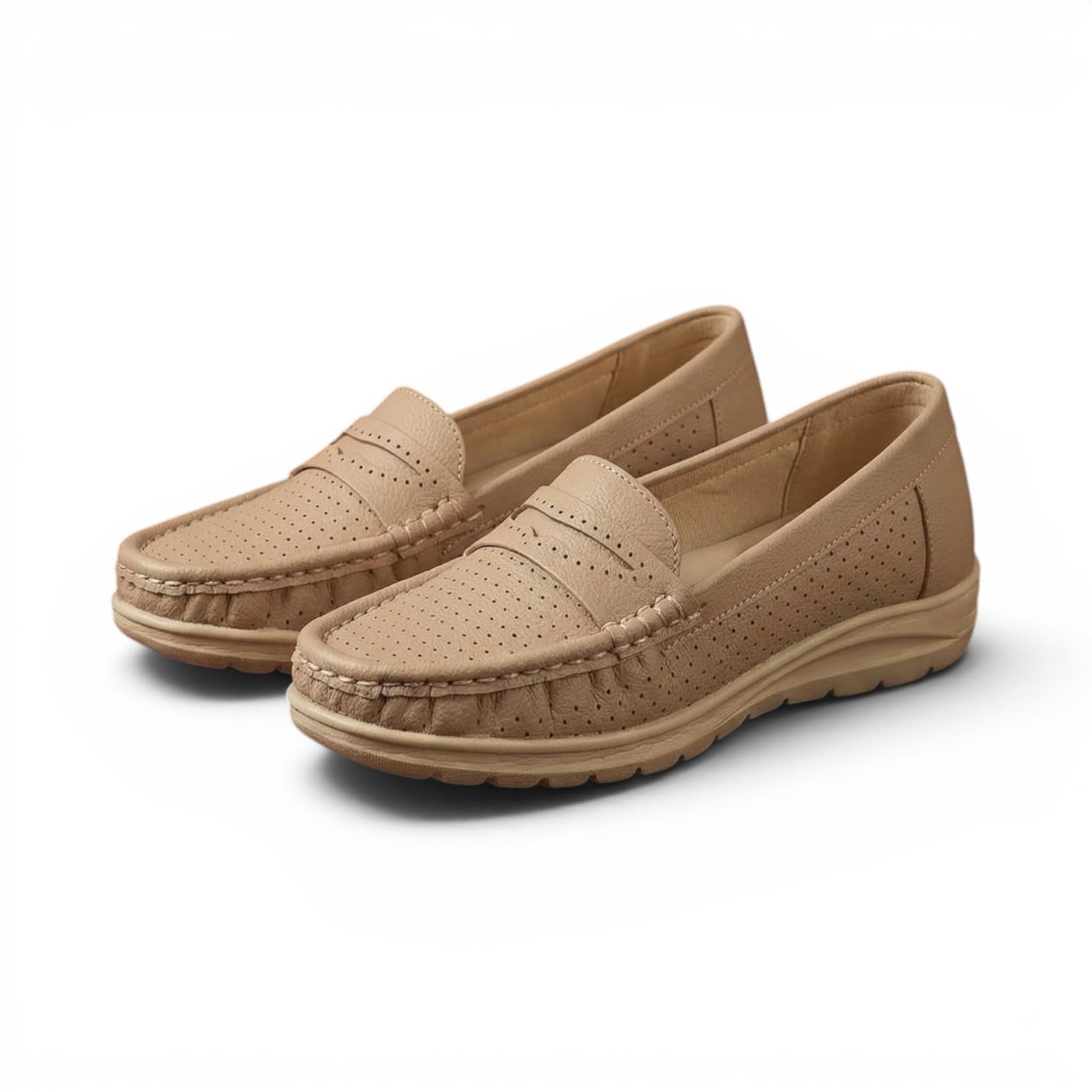 Women's Beige Penny Loafers | Comfortable Slip-On Casual Walking Shoes | Lightweight Cushioned Office Wear Flats | Perforated Breathable Loafers-image-18