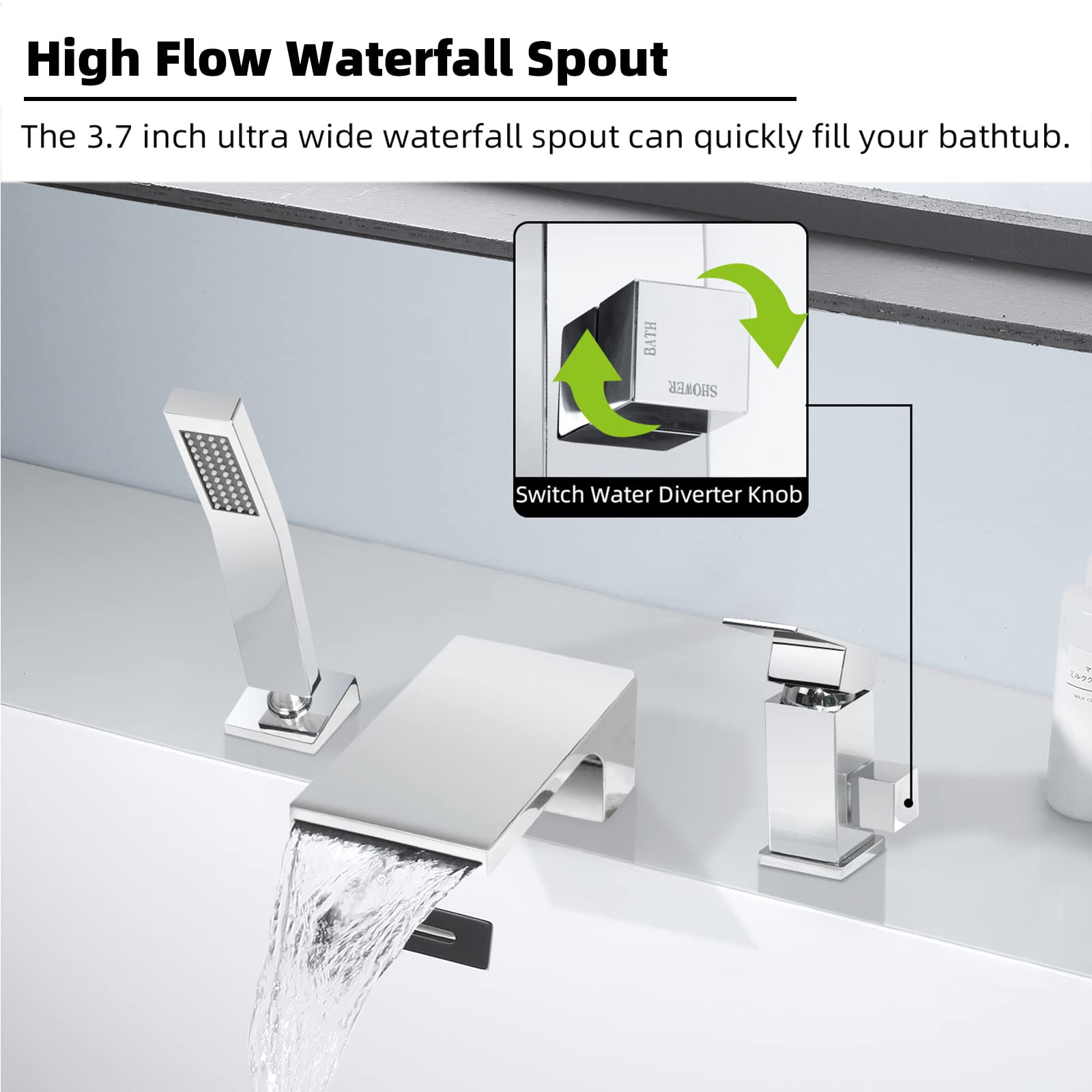 3 Loch Wannenrandarmatur Wasserfall, 3 Loch Badewannenarmatur mit Handbrause, Einzelgriff Wannenarmatur, Kaltes und Heißes Badarmatur Badewanne, Chrom, 6Y1OK