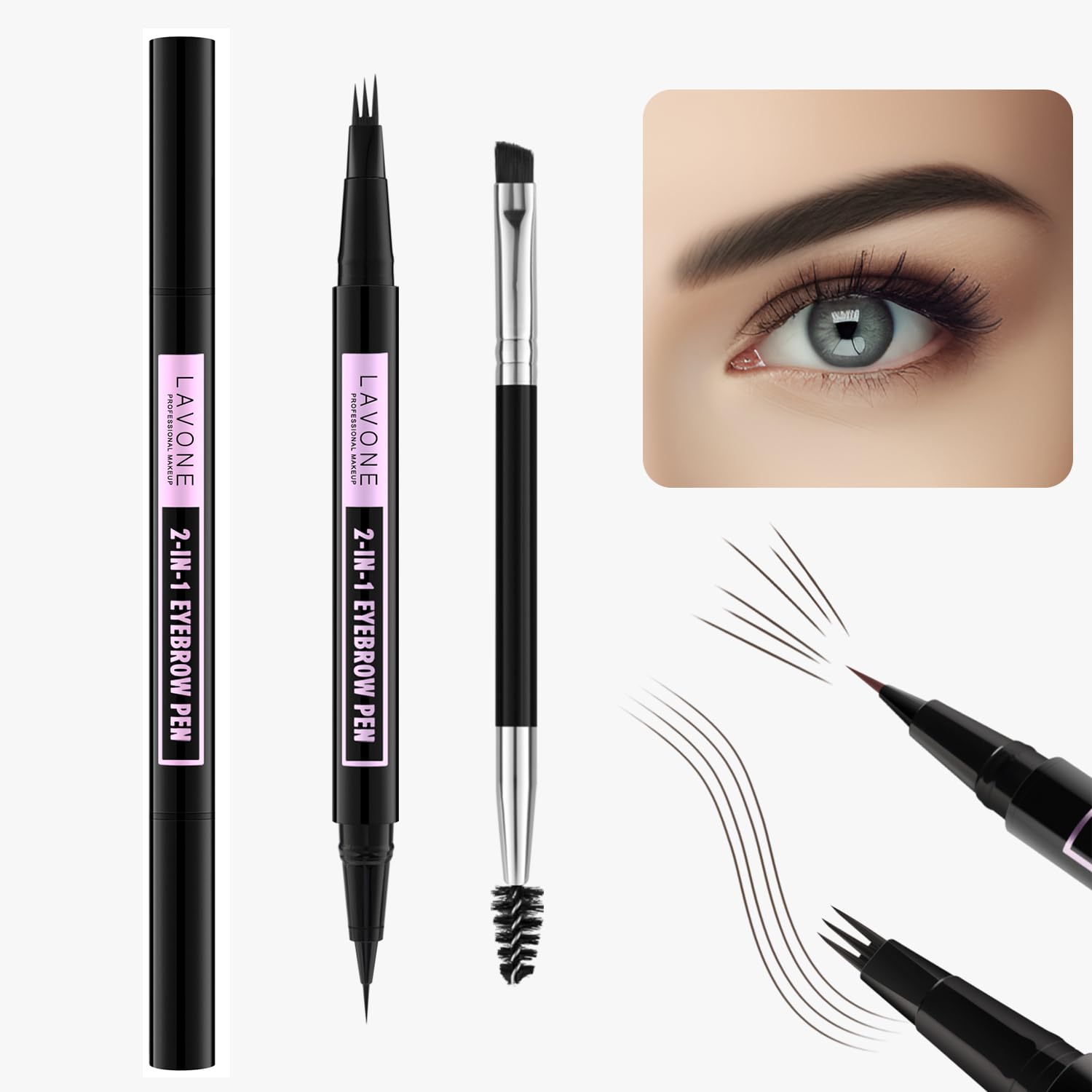 LAVONE 2-In-1 Waterproof Eyebrow Pen, with 3 Tip Microblading Eyebrow Pen and Ultra-Precise Brow Pencil, Dual-ended Eyebrow Brush - Medium Brown 01
