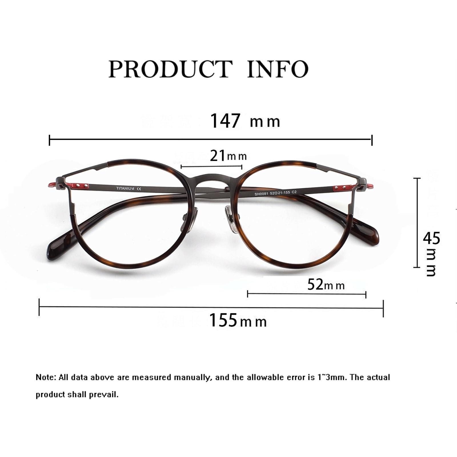 Montature for Occhiali in Acetato 147mm Occhiali da Vista Senza prescrizione Occhiali Rotondi for Computer Titanio Puro Comfort Leggero(C4 Gray)