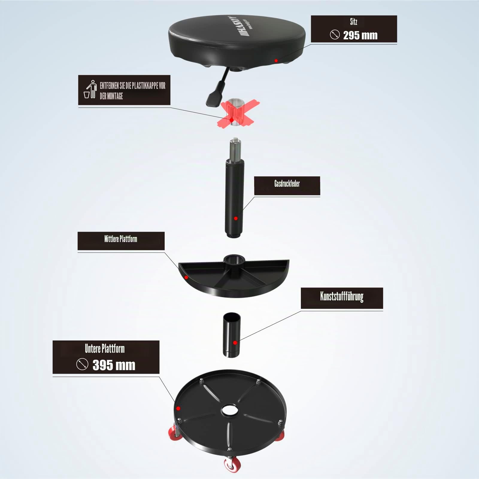 HASKYY Werkstatthocker Rollhocker | Höhe 430-580mm I Sitz Geleinlage | Werkstatt-Arbeits-Hocker-Stuhl-Sitz I 135kg | ø40 cm | 2 Ablagen I Schwarz