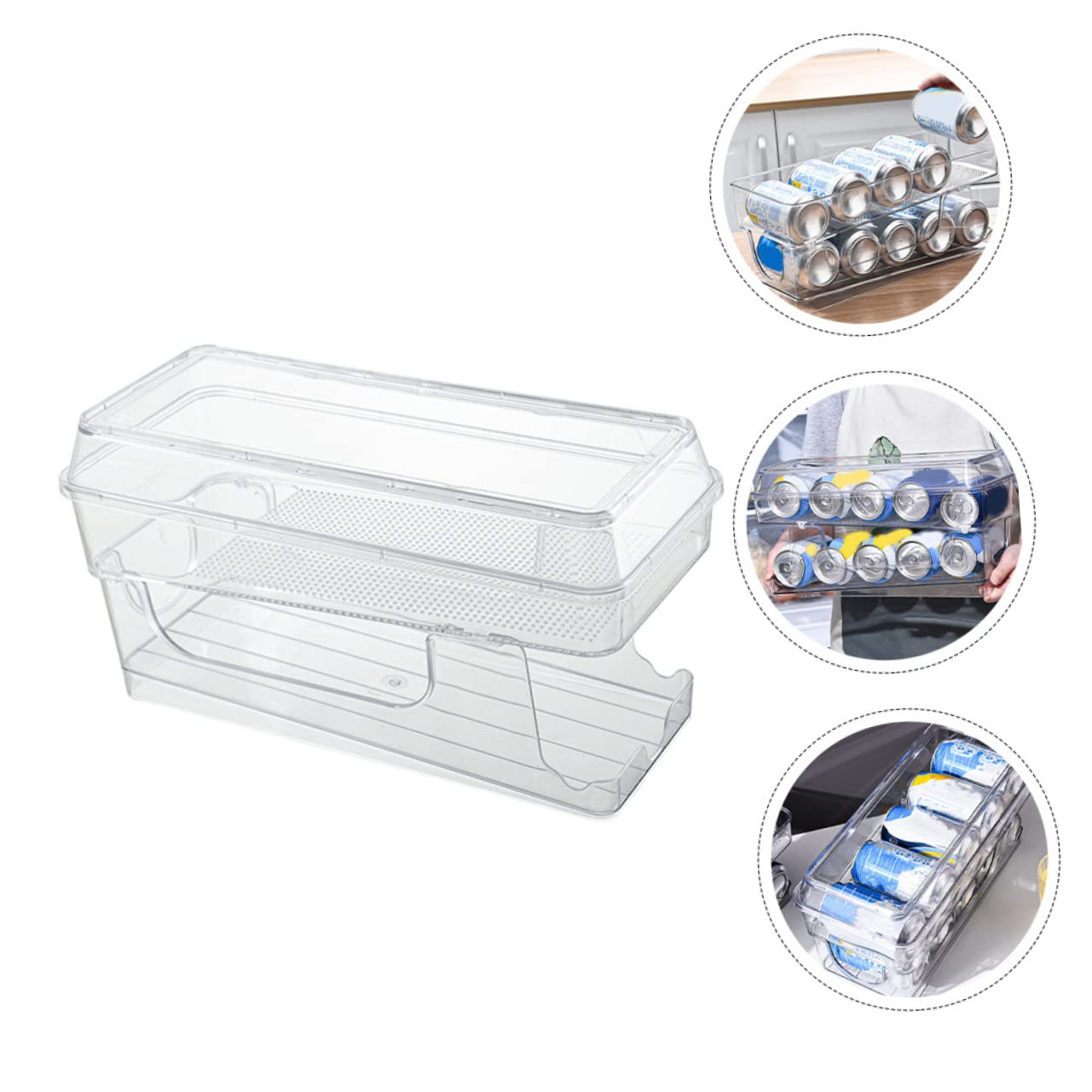 Estante para latas de bebidas para nevera, dispensador de latas de refrescos rodantes con tapa, soporte de almacenamiento de bebidas de cocina para nevera, ahorro de espacio, jarra de bebidas para
