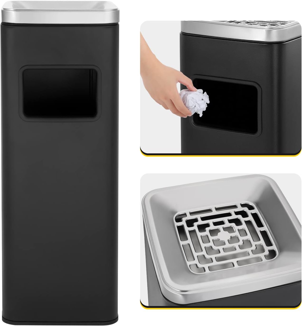 Dyna-Living Stainless Steel Trash Can Outdoor Commercial Garbage Can Large Trash Bin for Home Use Industrial Waste Container, Square Black