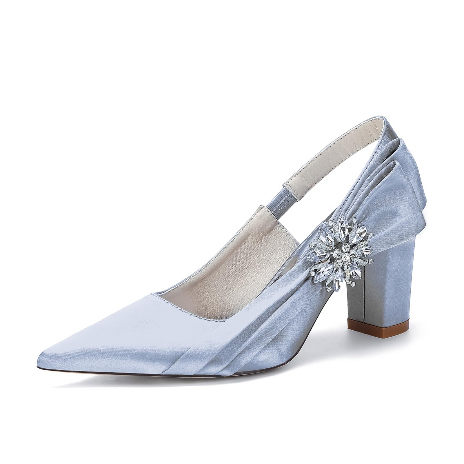 Generico Scarpe Sposa Donna Satin Décolleté Slingback Tacco Largo 8,5 cm Punta Elegante con Fiocco Gioiello e Strass Bridal Heels