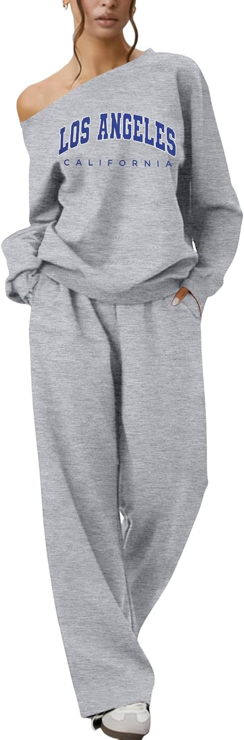 MNLYBABY Los Angeles New York 2 Piece Set Women Outfit Off Shoulder Sweatshirt With Matching Leg Pant Casual