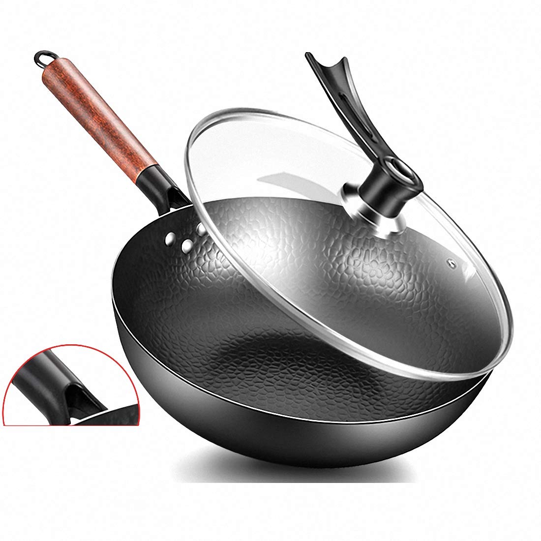 Wok, Cast Iron Skillet with All Major Hobs by CASIZ, Non Stick Frying Pan Suitable for Gas and Induction Cooker 32CM Set Pot with Glass Cover