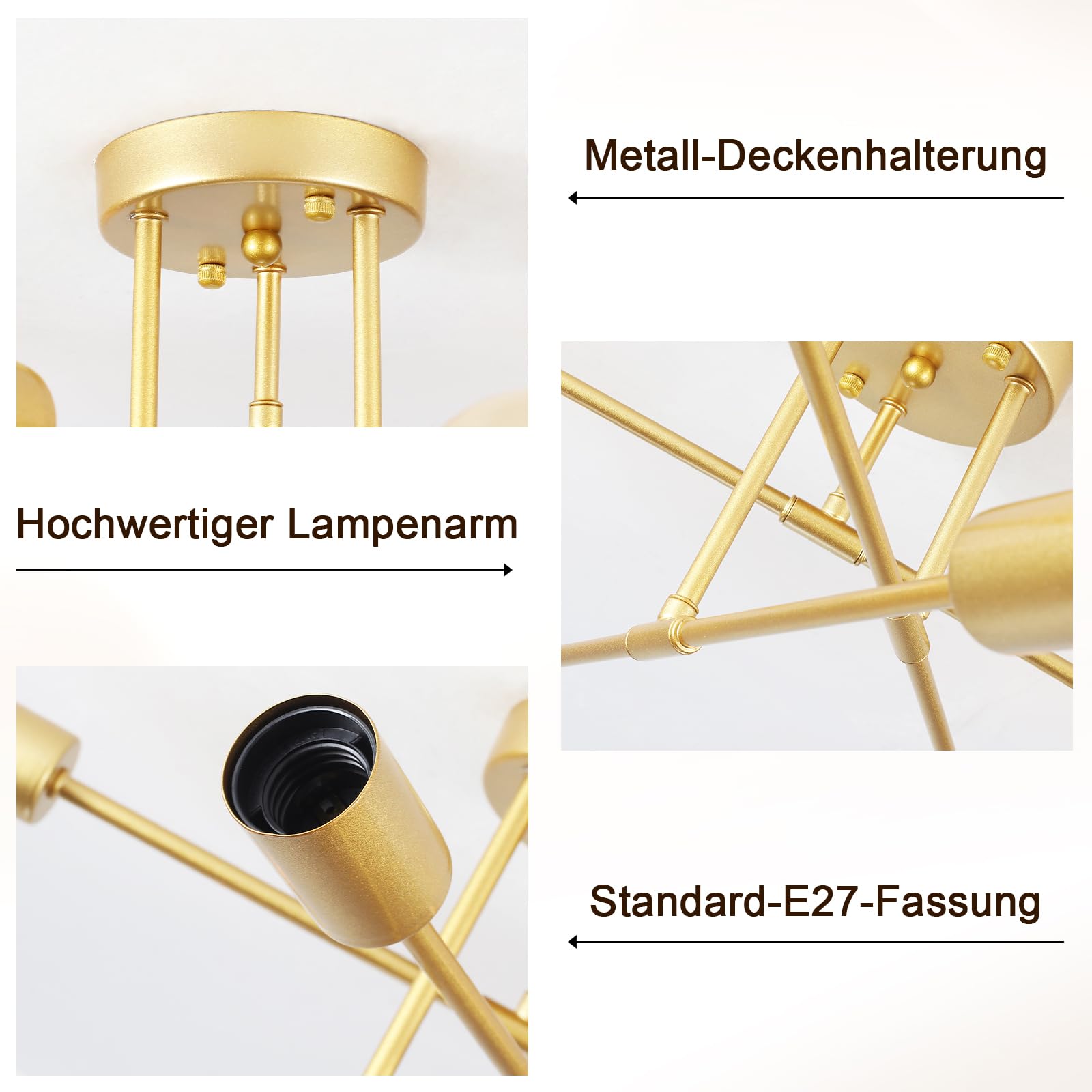 6-flammige Gold Sputnik Deckenlampe, Metall Modern E27 Wohnzimmer | Offene Konstruktion Reduziert Schattenbildung, Dimmbar Deckenleuchte Schlafzimmer, 220V, Max 60W, für Küche, Flur, Essbereich