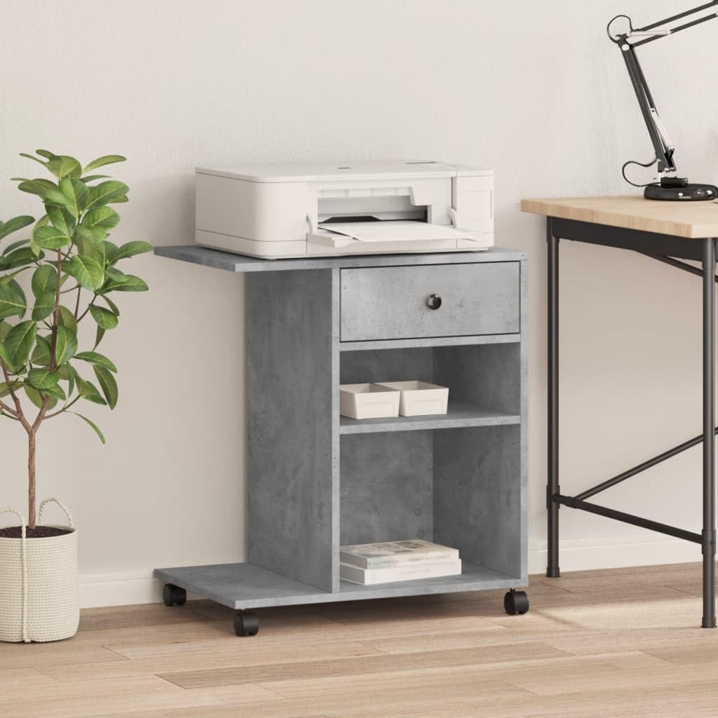 Supporto per stampante con ruote, grigio cemento, 60 x 40 x 68,5 cm, tavolo per stampante con ruote in legno, scaffale per stampante con 4 (2 bloccabili), carrello multifunzione per stampanti