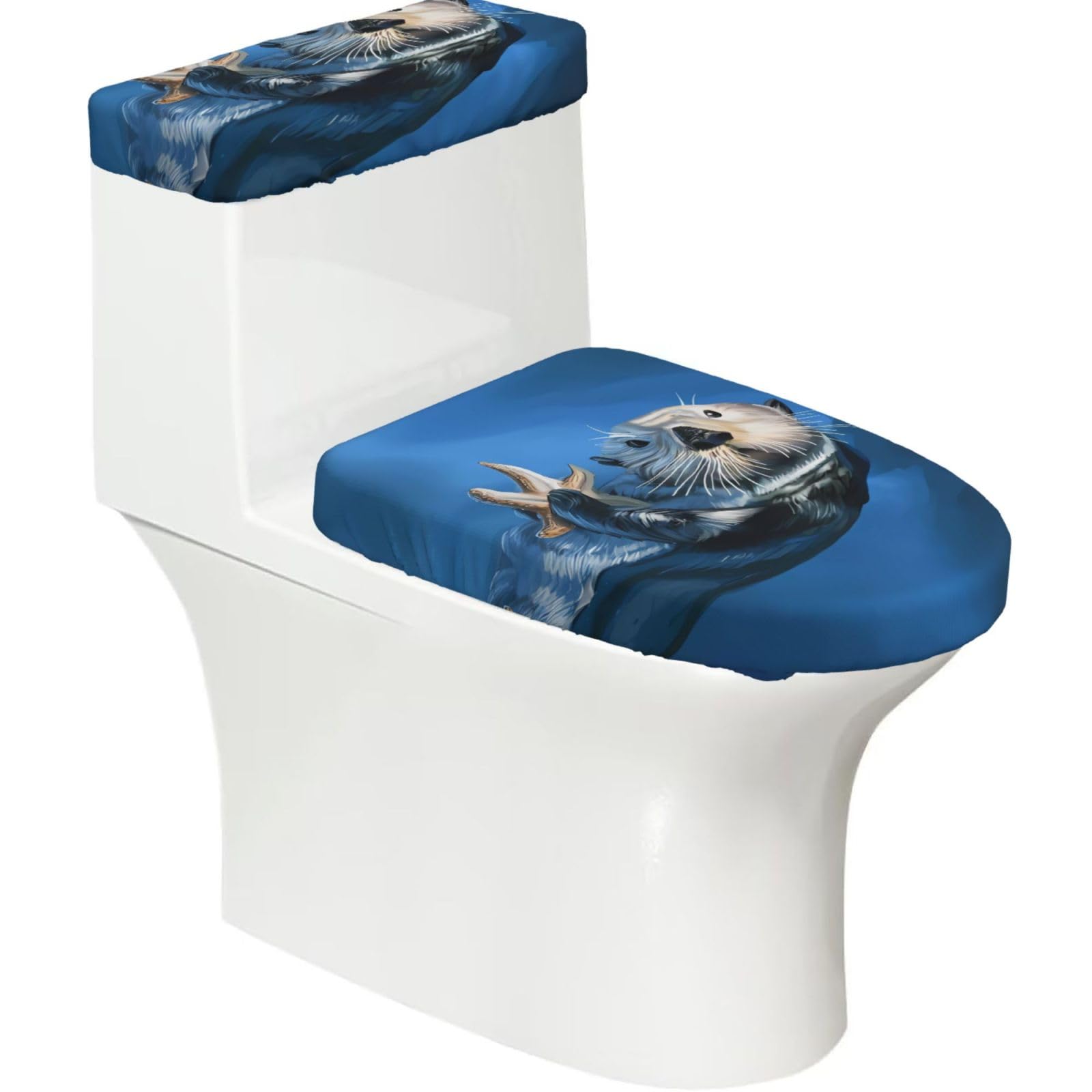 Sea Otter 2-Piece Toilet Seat Cover Set with Tank Lid - Elastic for U-Shape & Elongated - Bathroom Decor