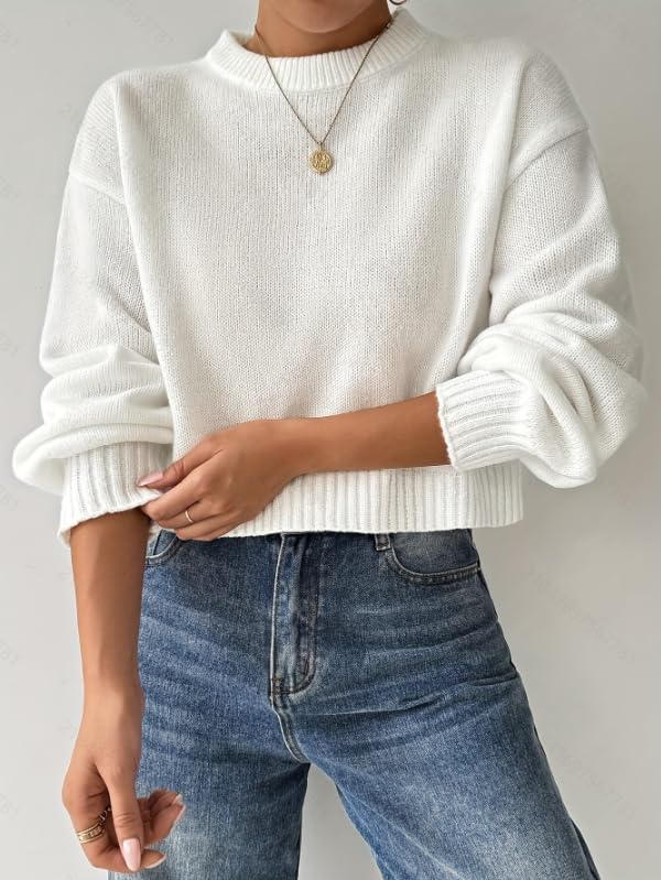 Cropped Knit Sweater, White, Balloon Long Sleeves, Crew Neck, Ribbed Trim4