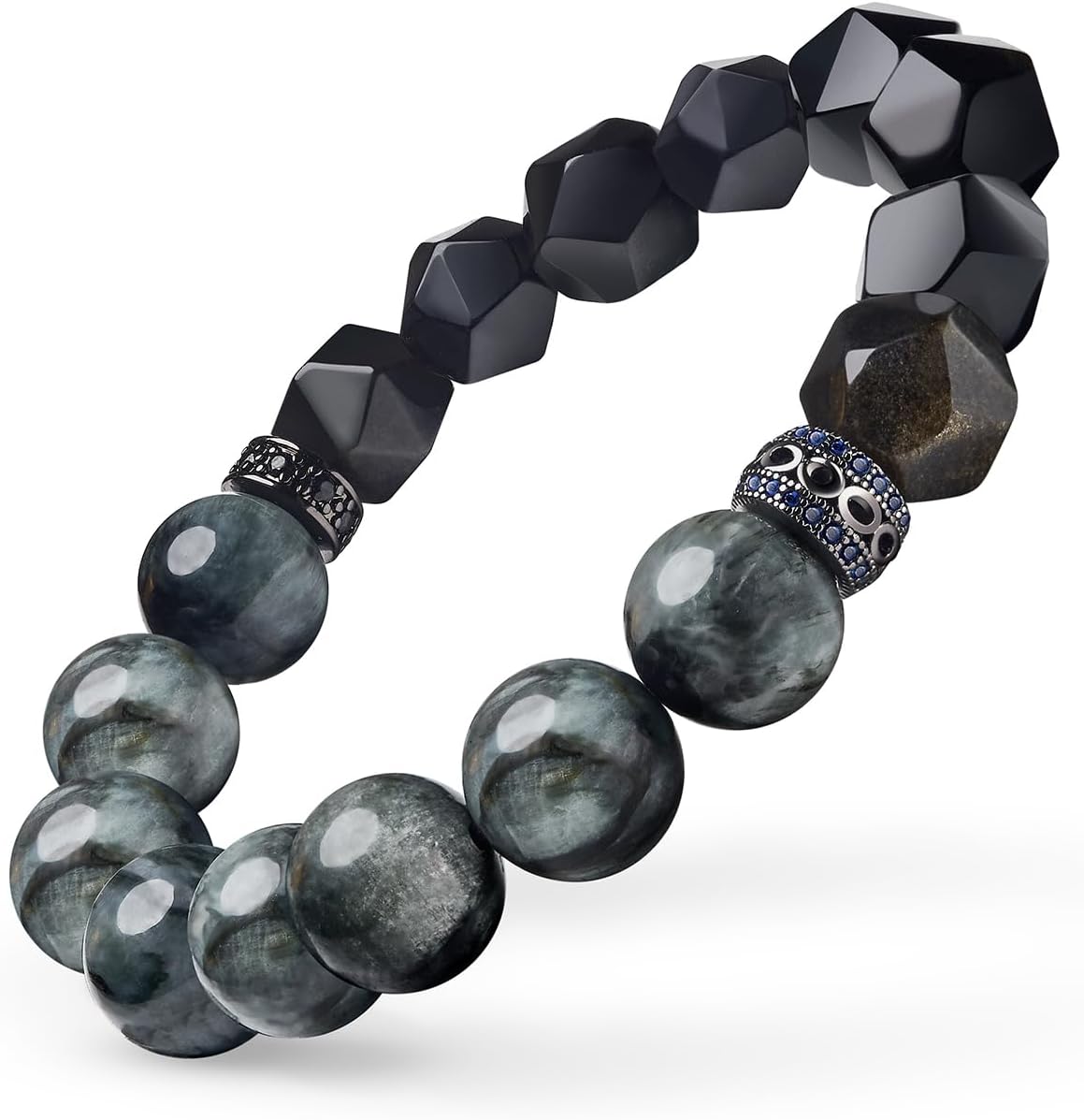 Natural Gemstone Bracelet, Obsidian Silvery and Hawkeye Stone for Protection & Balance, 12mm Handmade Round Beads Stretch for Men Bring Luck Prosperity