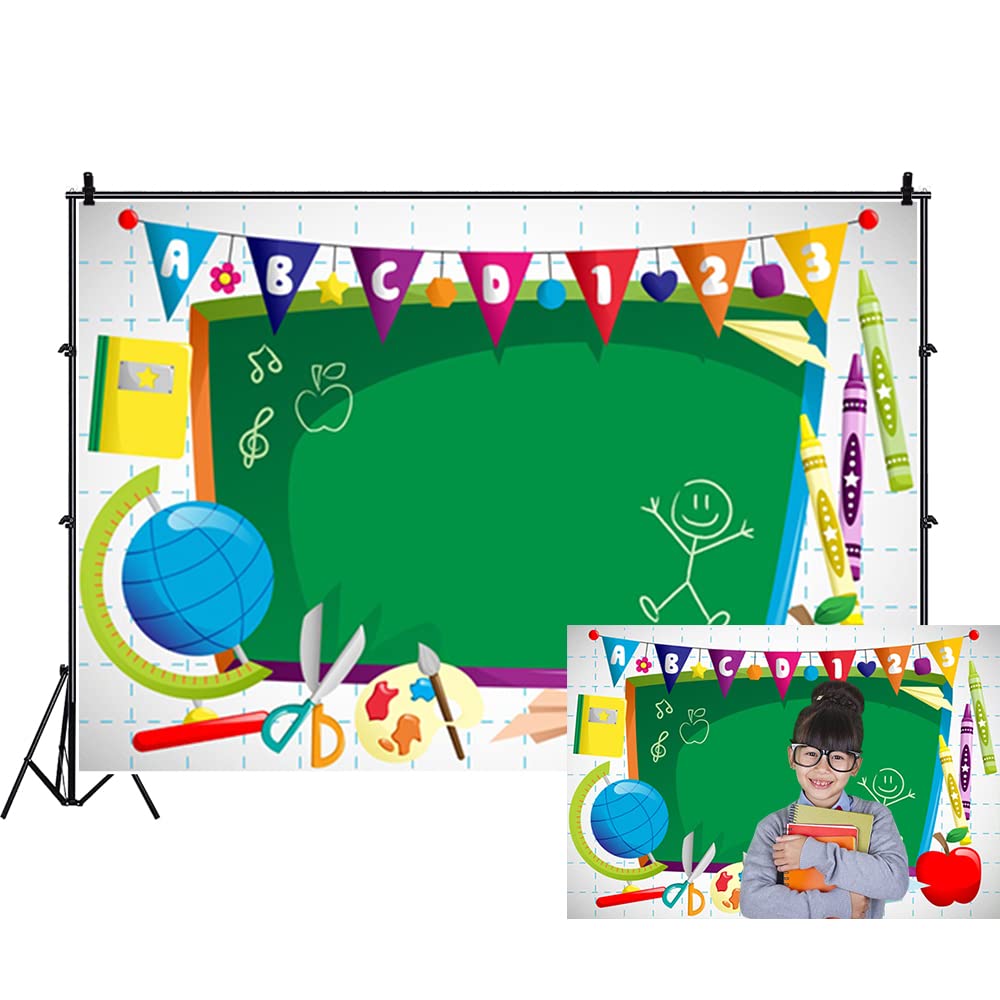 Renaiss 5x3ft Back to School Photography Backdrop Cartoon Classroom Chalkboard Illustrations Learning Tools Paper Plane Background Kids Children