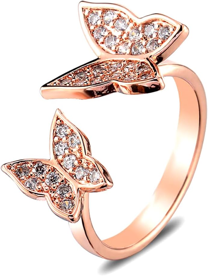 MYANAIL Double Butterfly Ring for Woman Cubic Zirconia Cute Butterfly Adjustable Ring Birthstone Opening Butterfly Finger Ring Fashion Knuckle Statement Ring jewelry