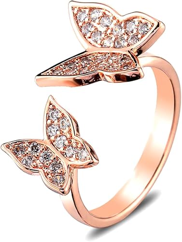 MYANAIL Double Butterfly Ring for Woman Cubic Zirconia Cute Butterfly Adjustable