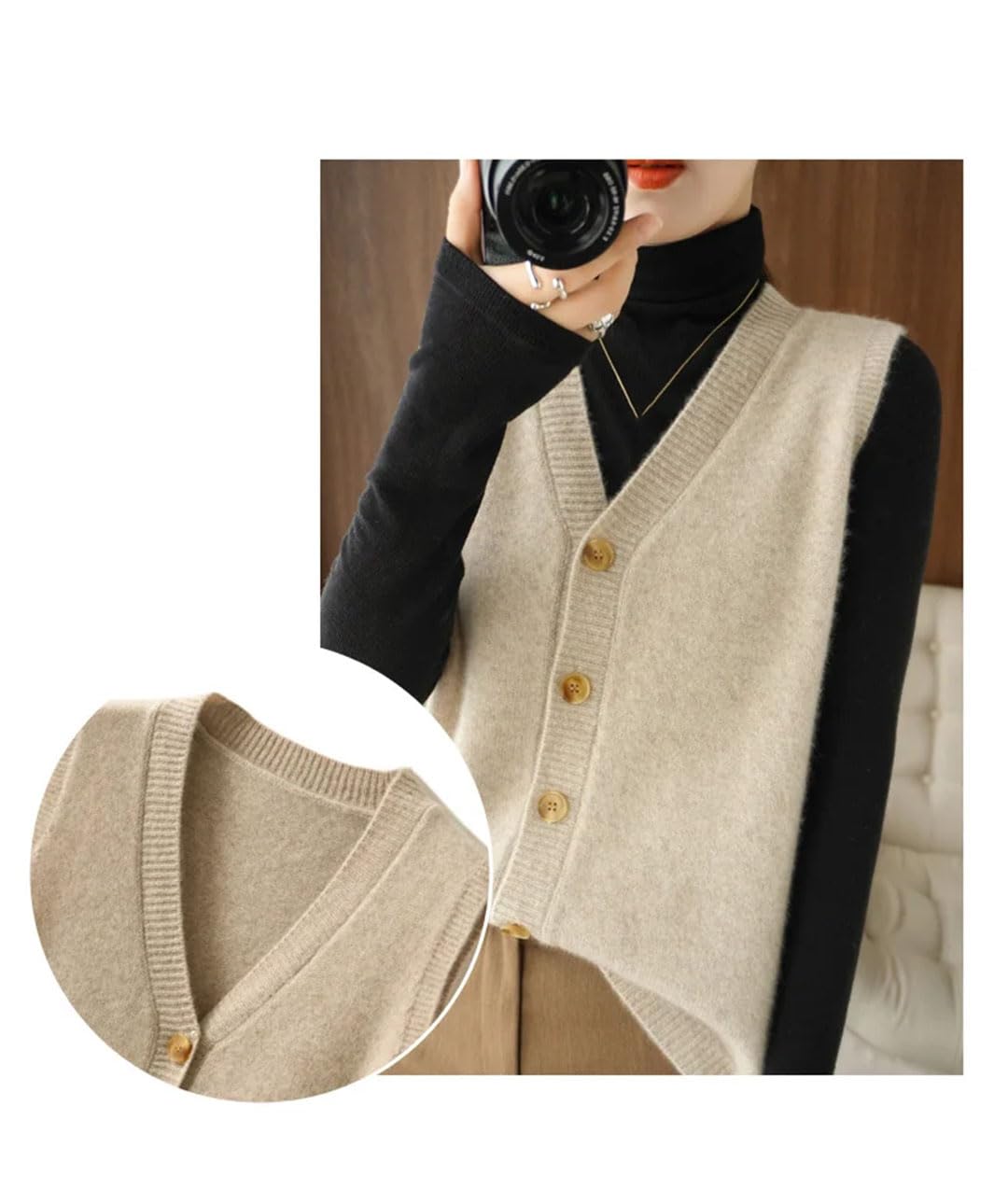 Cardigan en laine mélangée pour femme - Col en V - Sans manches - Boutons