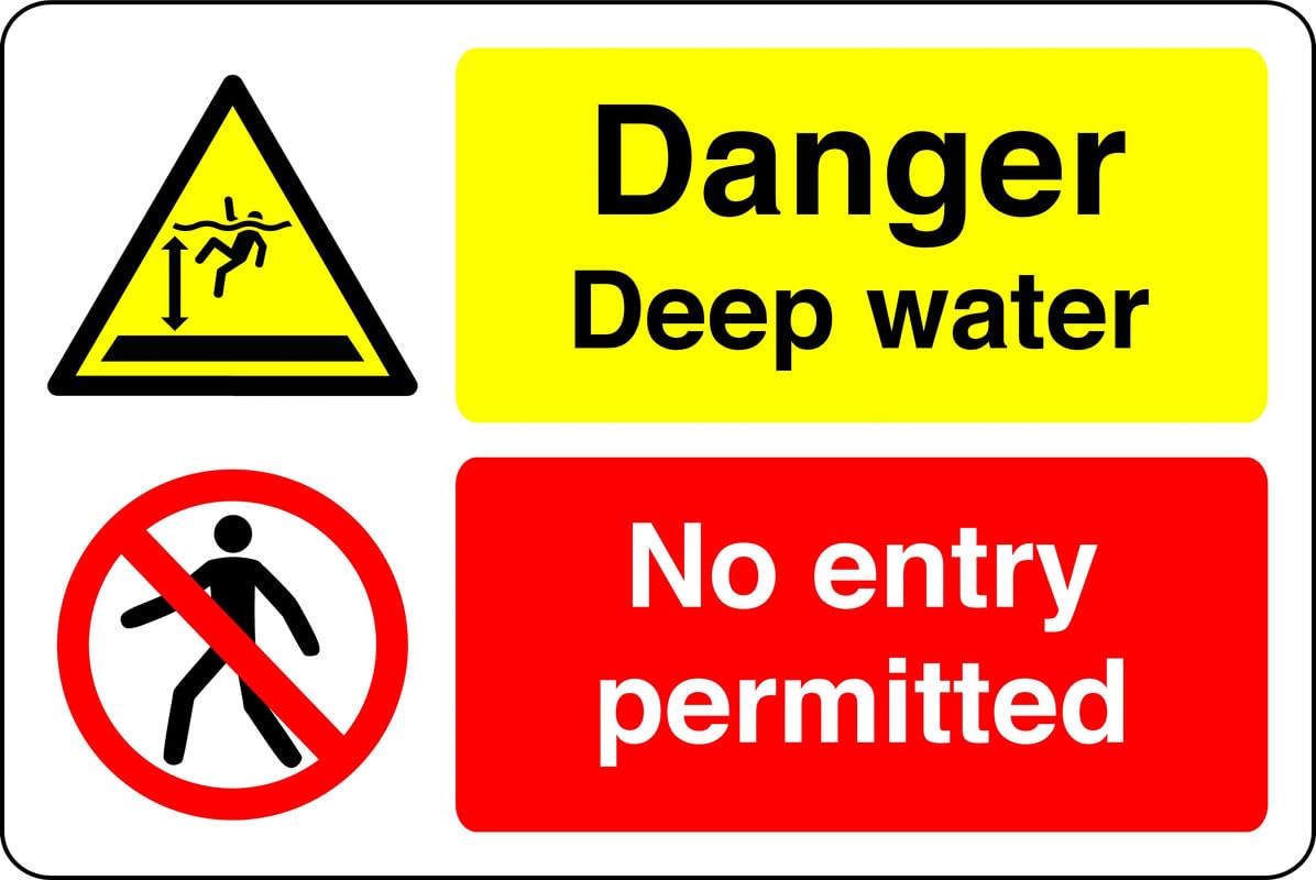 Danger deep water no entry permitted - no swimming, no diving, deep water, slippery- 3mm Aluminum Dibond for indoor/outdoor usage (300mm x 200mm) 7m Viewing Distance.