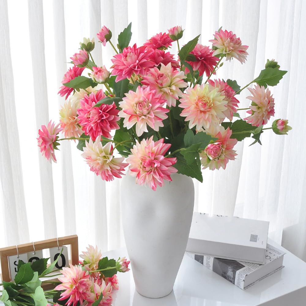 LIJUCAI 5pcs Artificial Dahlia Flower Stems 64cm Faux Pink Cream Dahlia Flowers Realistic Floral Branches with Buds for Vase Arrangement Home Table Centerpiece Decor,C1