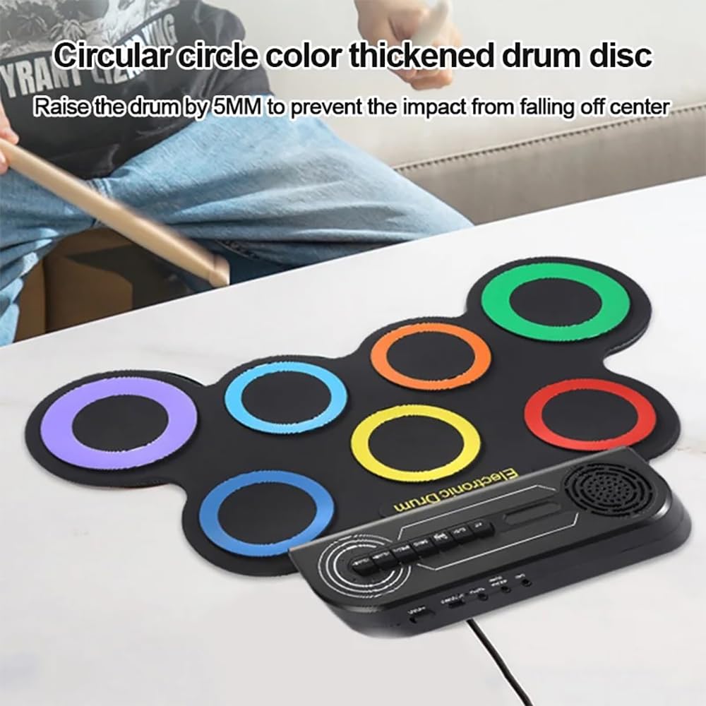 NEWFUN Bateria Electrica, Almohadilla de Práctica para Batería Enrollable con 7 Almohadillas de Silicona con Mazas y Pedal para Principiantes