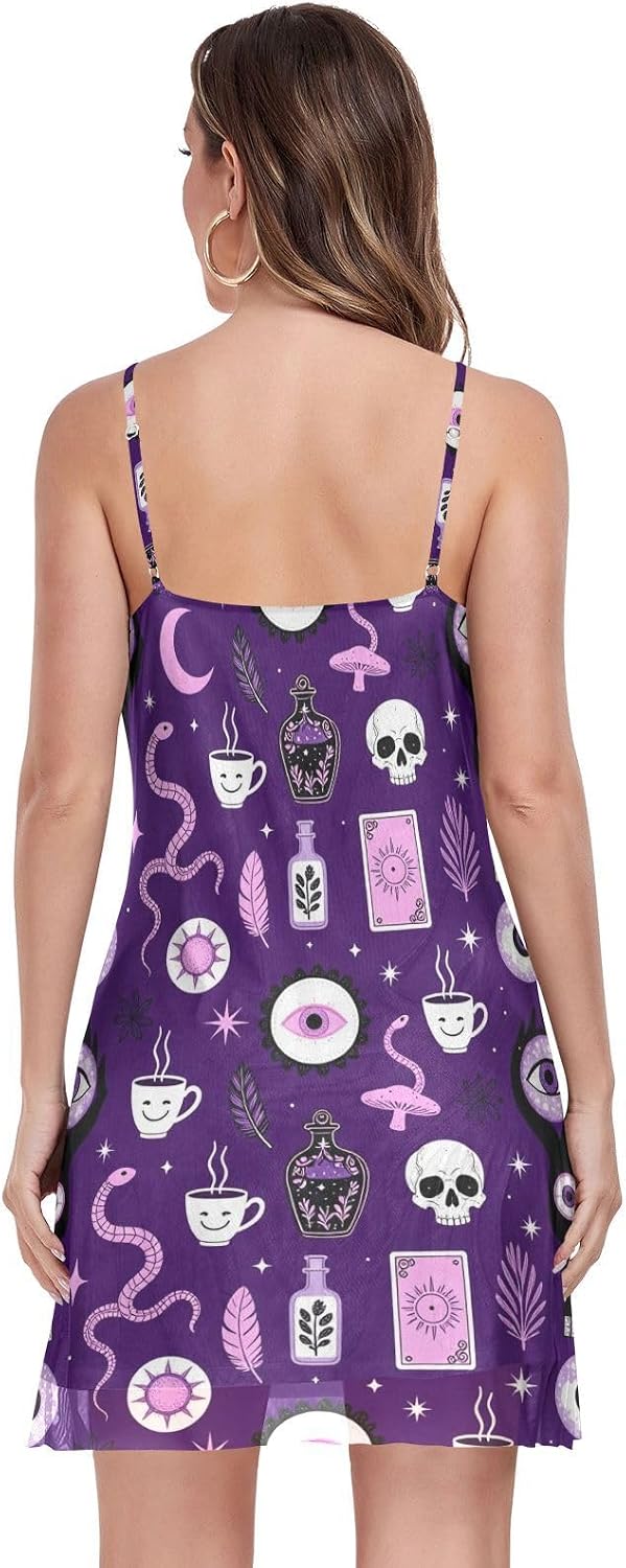 Summer Dresses for Women Fitted Sleeveless Adjustable Spaghettis Straps V Neck Mesh Purple Witch's Essentials image 4