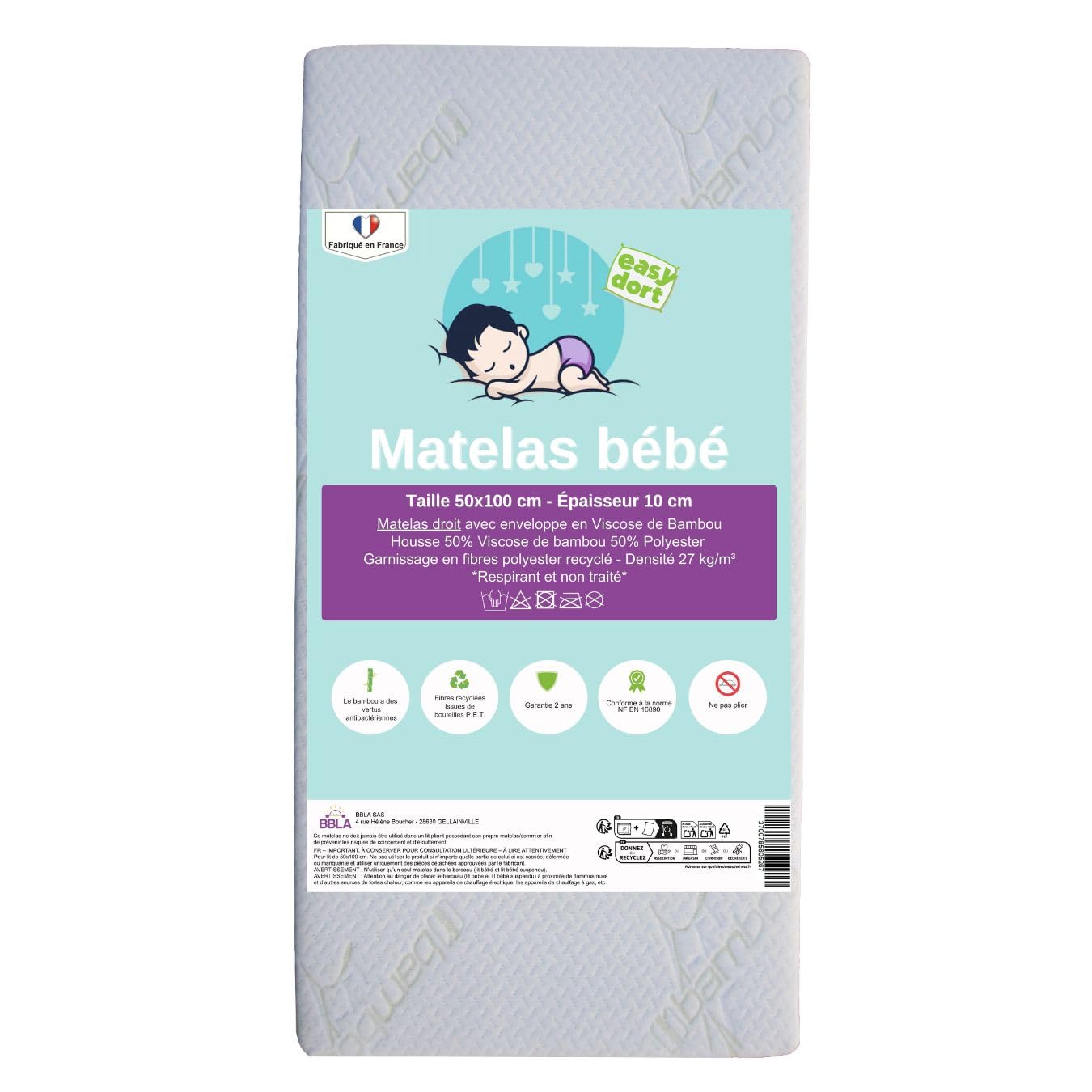 Kit pratico per neonato, materasso da 50x100 cm, 100% bambù, culla culla culla per neonato, 2 traverse, 100% cotone, colore: bianco, kit completo letto per la camera dei bambini, certificato