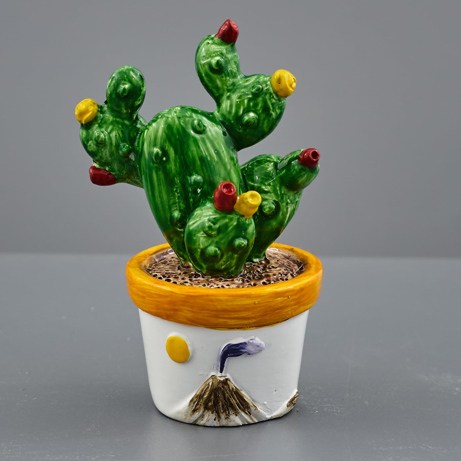 Doni Bomboniere Matrimonio 12PZ Piantina di Cactus in Ceramica Segnaposto Calamita Simboli Sicilia Nozze Feste A Tema Vulcano con Fiori Gialli E Rossi Vaso CN Raffigurazione Sole Idee Regalo Complete