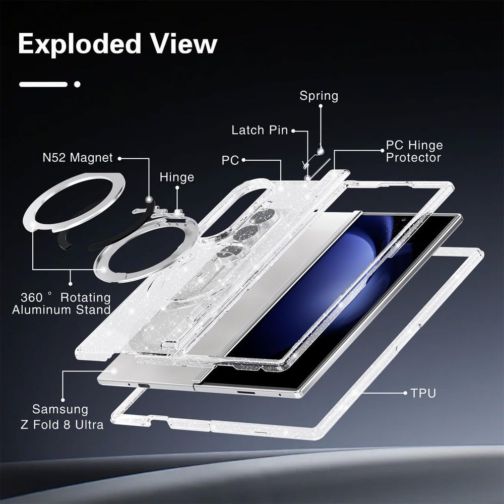 Custodia per telefono antiurto con supporto magnetico girevole a 360° per Samsung Galaxy Z Fold 8 Ultra, con ricarica wireless, colore bianco trasparente.