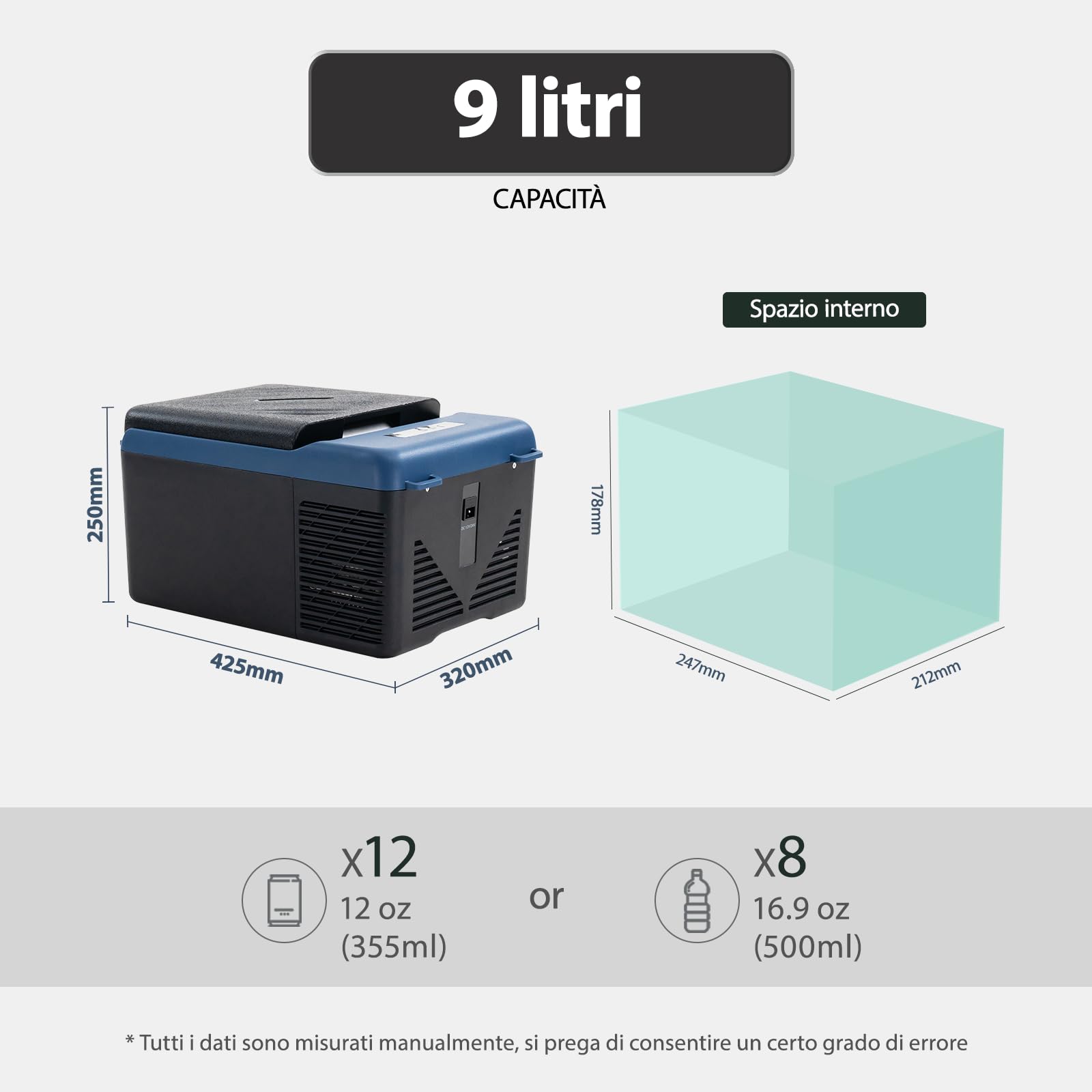 KI9 9L Mini Frigo Frigorifero Portatile Per Auto Congelatore 12/24V DC,Per Viaggio, Picnic, Campeggio Uso Esterno, da -20℃ a 20℃