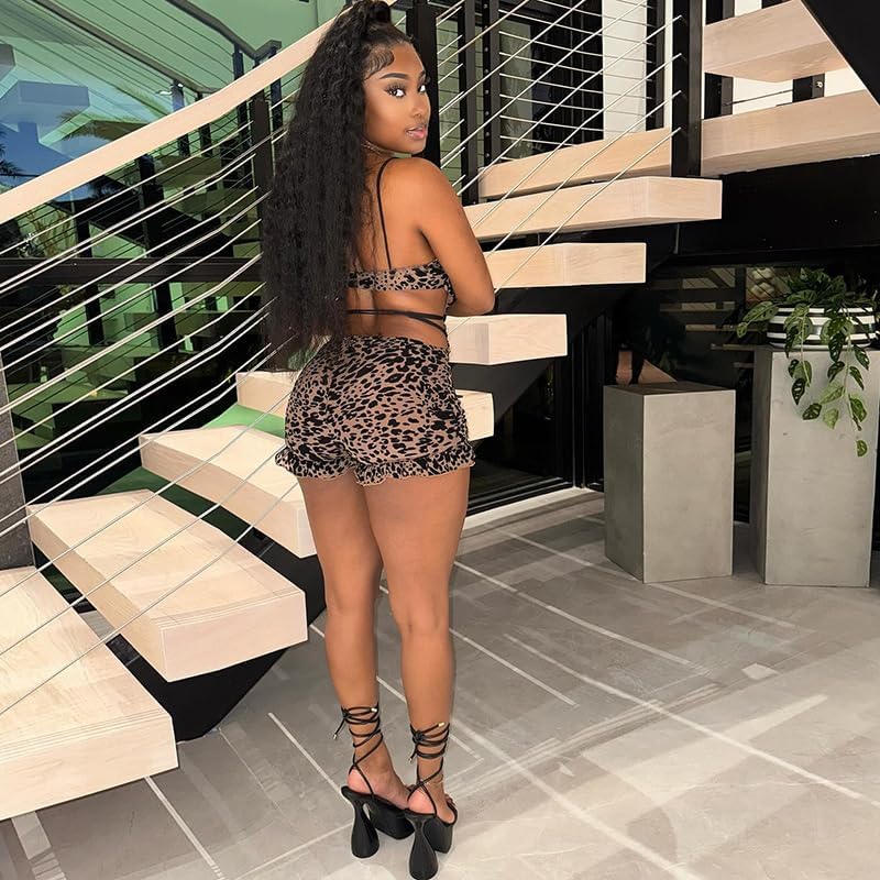 Molilove Womens Cheetah Print Romper Mesh Sexy Sleeveless Bodycon Shorts Leopard Romper Hollow Out Y2K One Piece Outfits - Image 5