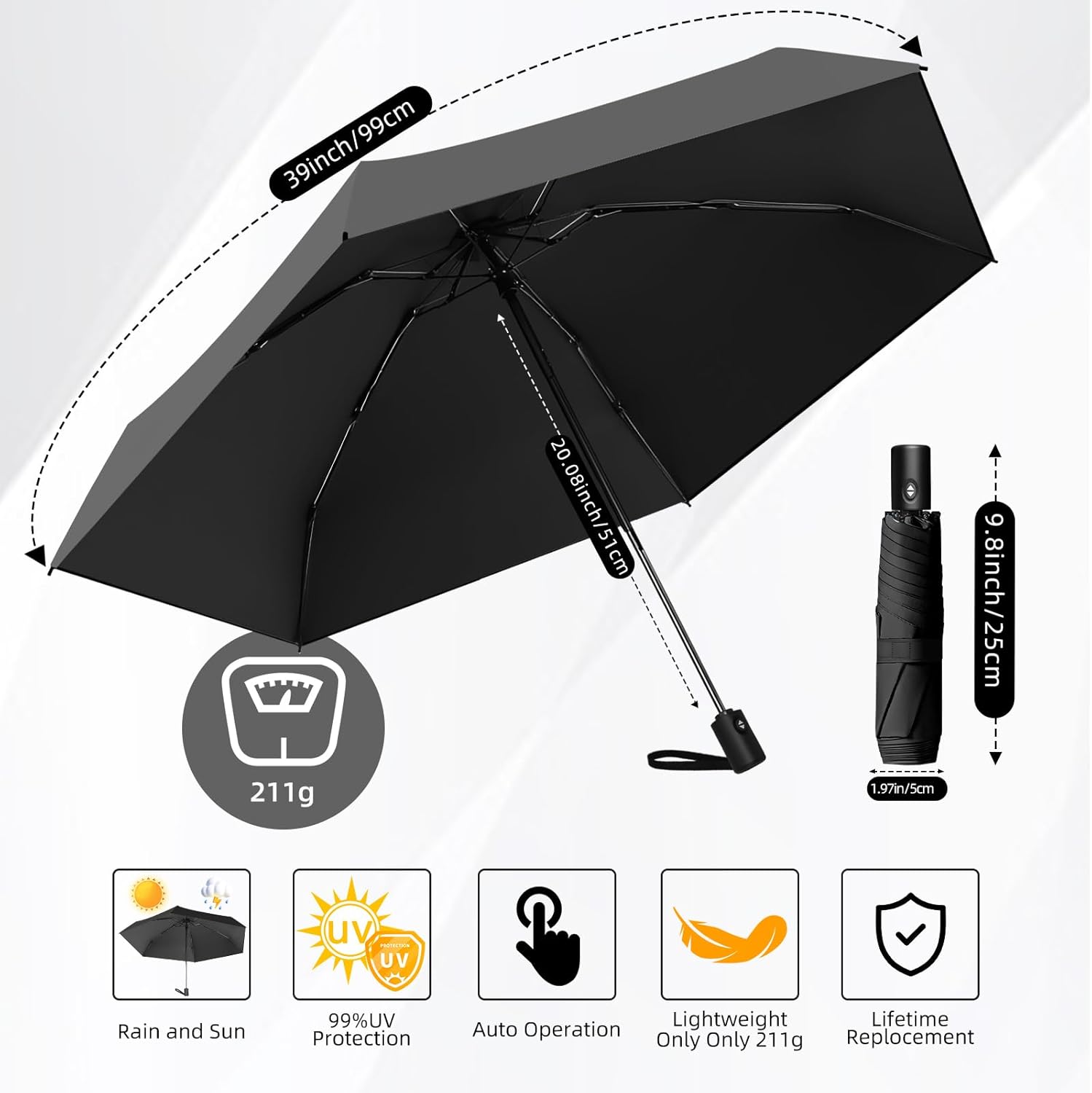 Automatic Travel Mini Umbrella, Compact Folding Small Pocket Umbrellas for Purse Wallet, UV Sun Rain Protection, Lightweight Portable Design Fits in Backpack for Women Men Kids - Image 2
